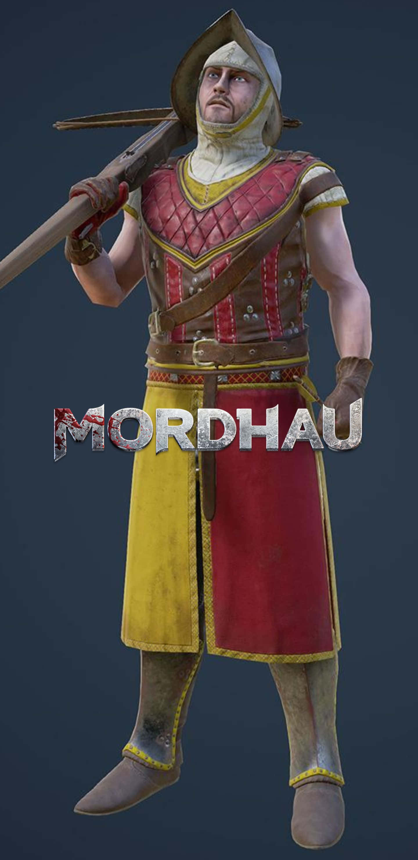 以 Google Pixel 3XL 搏鬥《Mordhau》，征服戰場 壁紙 — 一名身穿紅、黃、棕色盔甲的中世紀士兵，在黑暗背景下扛著十字弓。