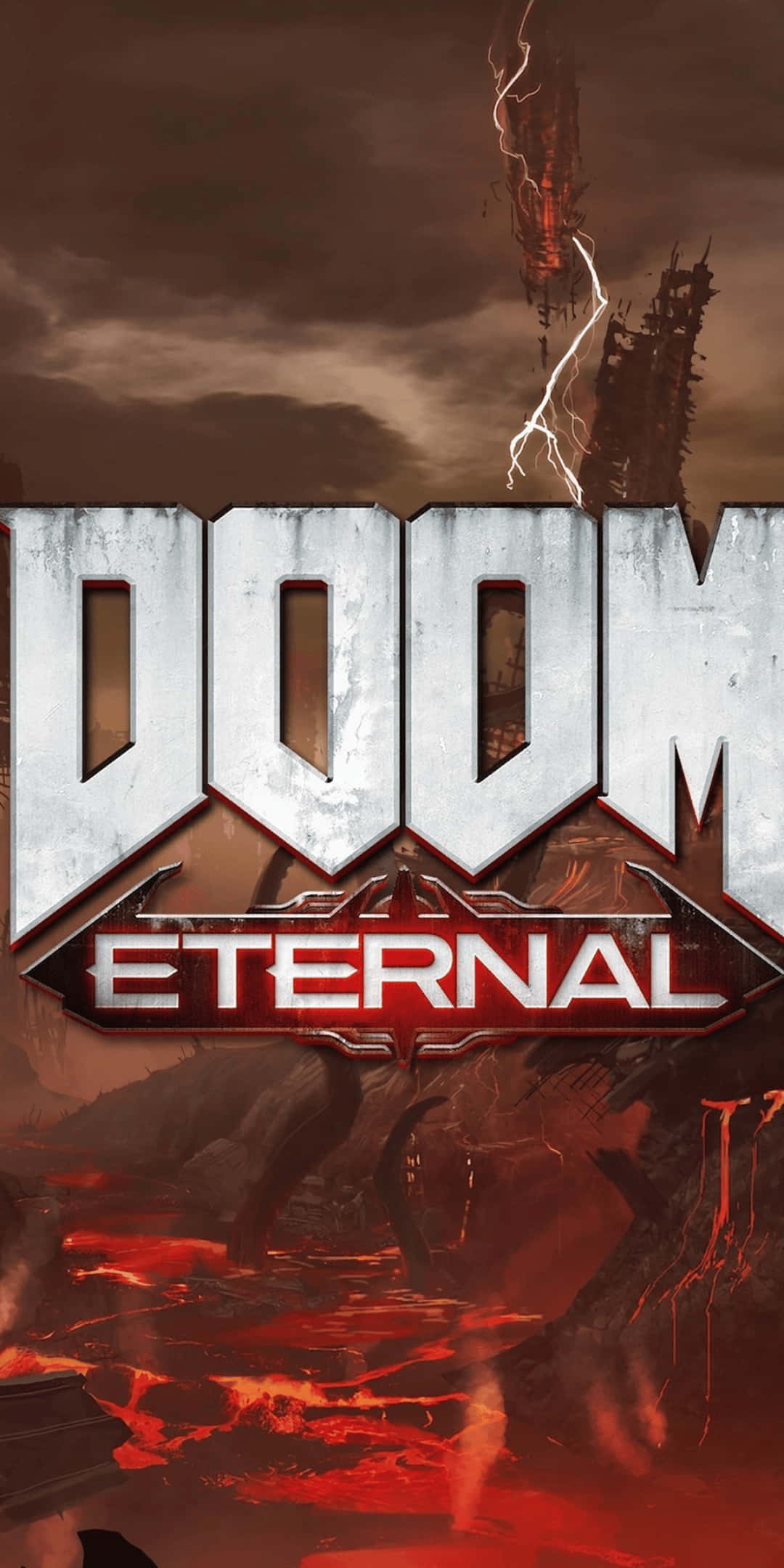 以 Google Pixel 3 成為超級殲滅者 壁紙 — Doom Eternal 遊戲標題標誌主導了一個地獄般的景觀，有熔岩河流和閃電擊中廢墟塔。