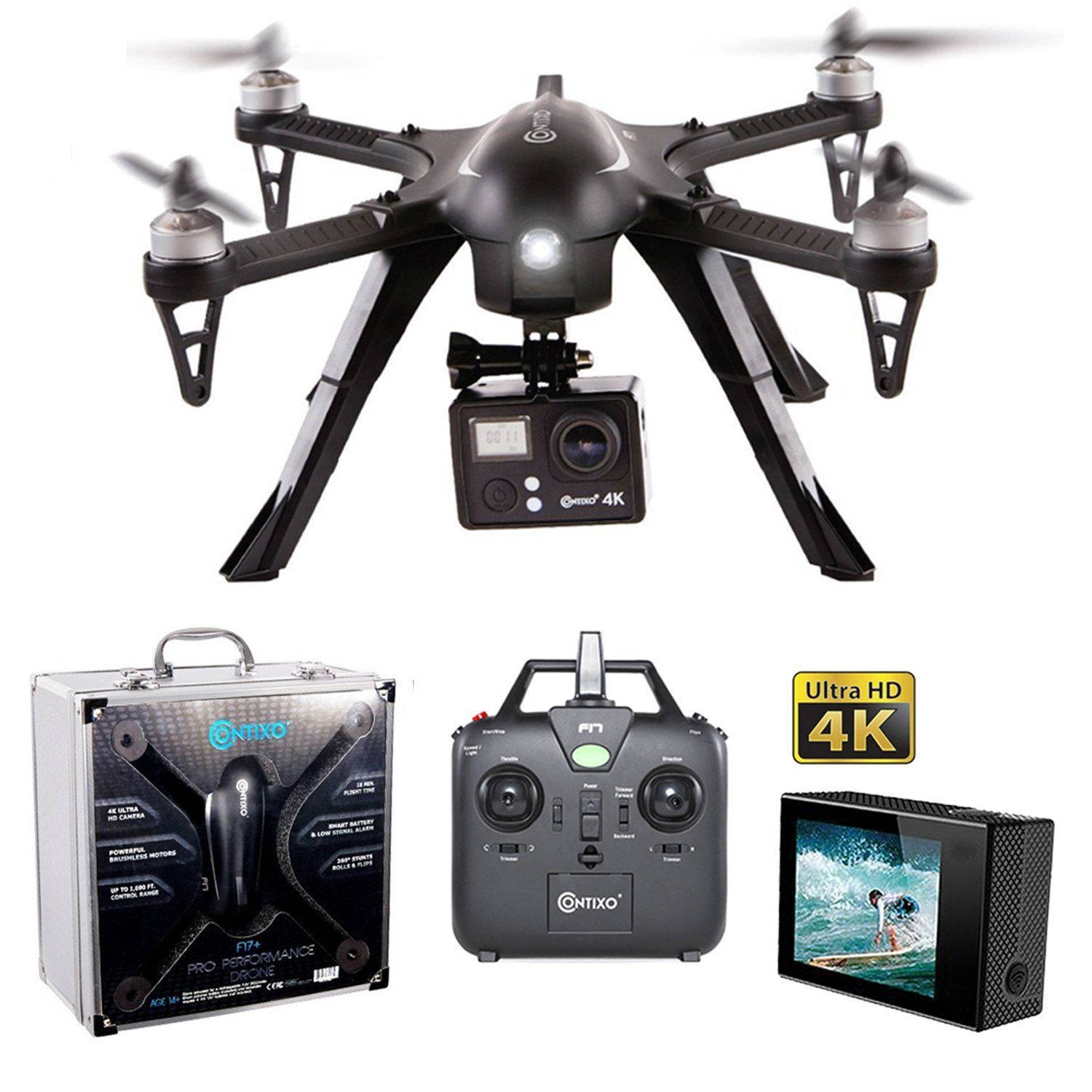以 GoPro 探索空中視野 壁紙 — 黑色四軸無人機，配備4K相機和遙控器，連同包裝盒及顯示衝浪影片的屏幕一同展示。