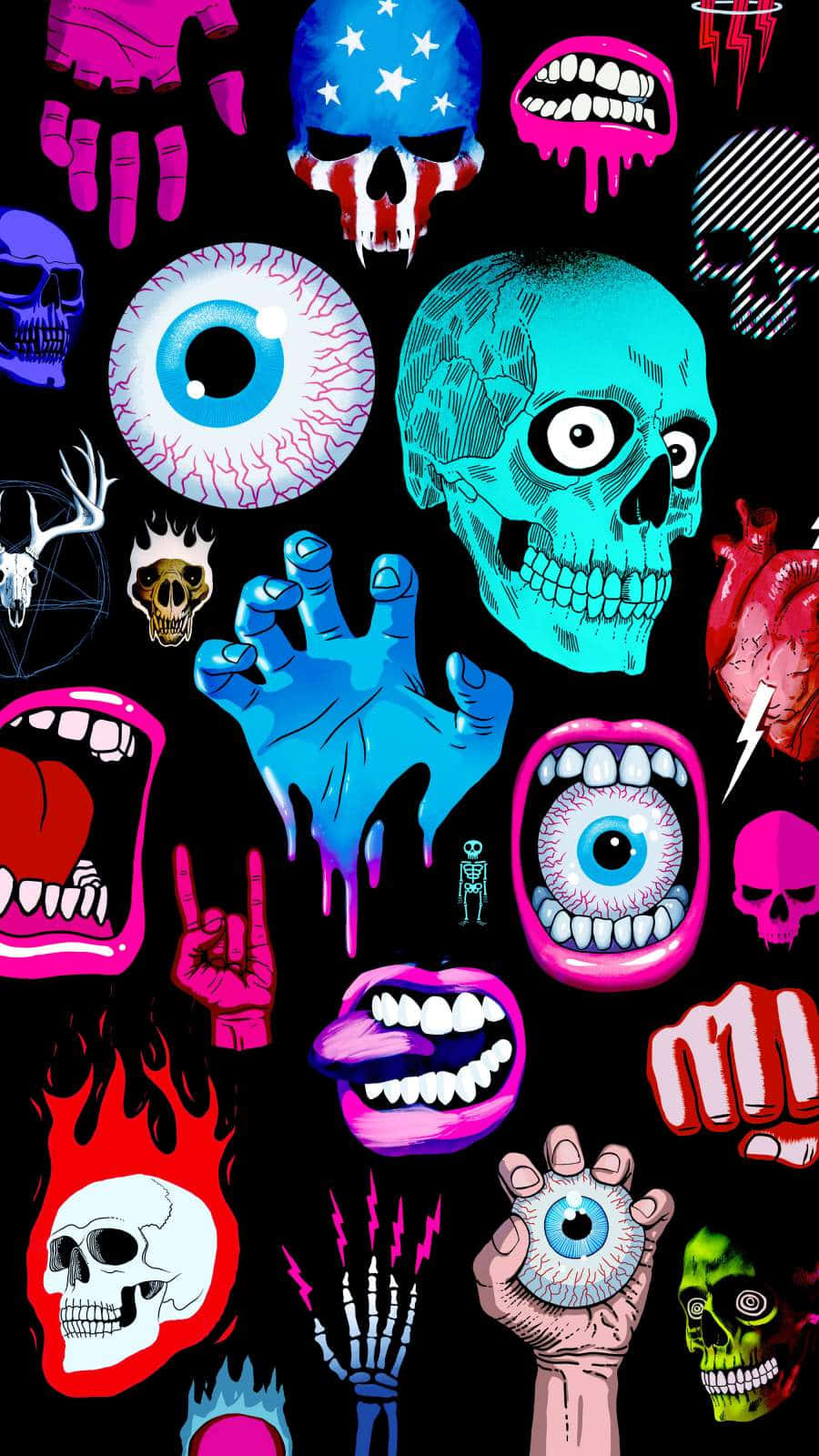 以 Graphic iPhone 解鎖創意潛能 壁紙 — 鮮豔的霓虹骷髏、眼睛和手在黑色背景上漂浮，形成混亂的迷幻拼貼畫。