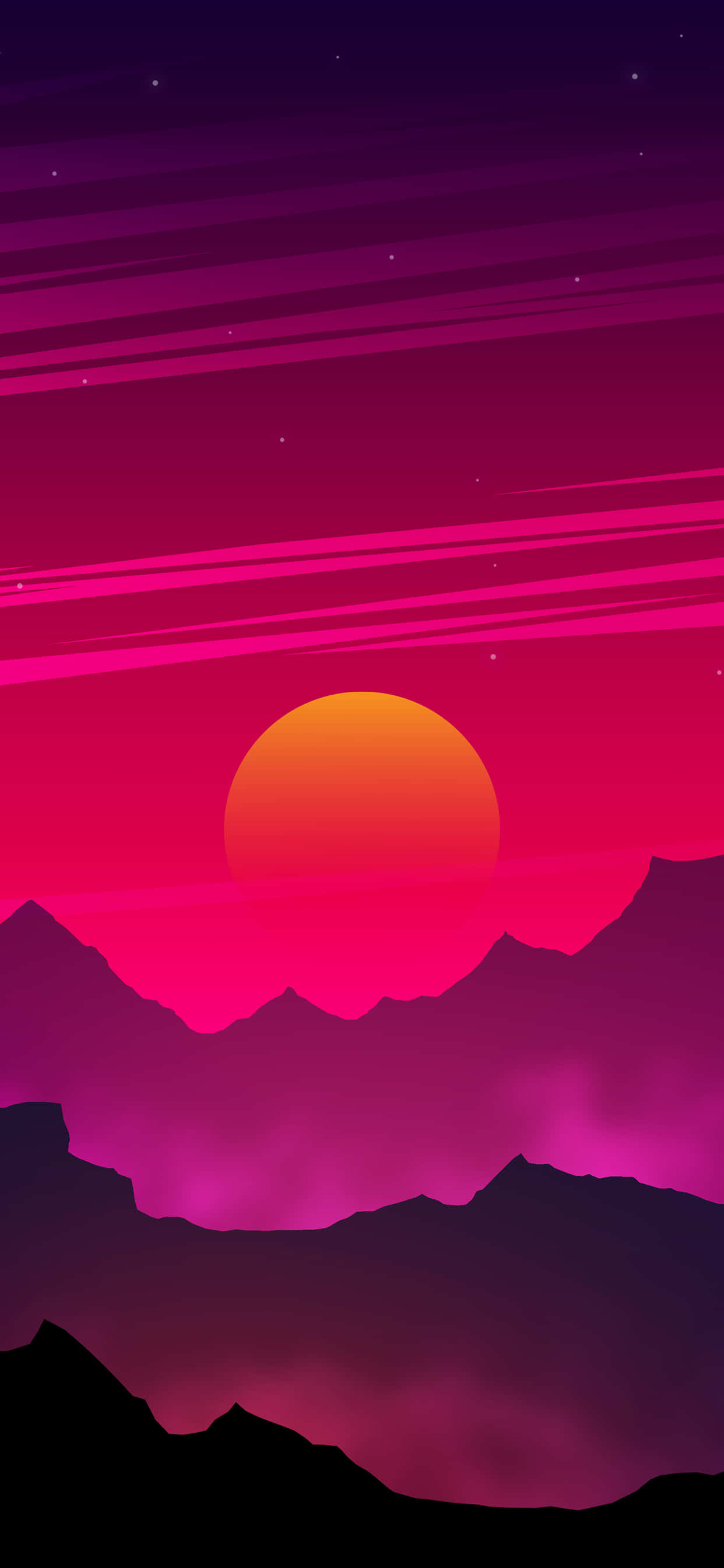 以 Graphic iPhone 在人群中脫穎而出 壁紙 — 風格化的日落，在條紋洋紅色天空下，鋸齒狀的紫色山脈上方有一顆發光的橙色太陽。