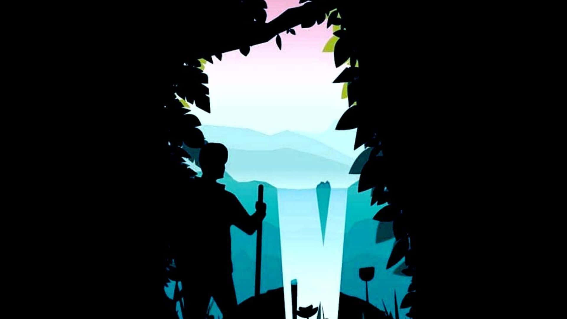 以 HD AMOLED 享受頂級圖像體驗 壁紙 — 一個孤獨嘅行山者揸住手杖，被樹枝框住，喺黎明時分凝視住一個霧氣瀰漫嘅藍色山谷。