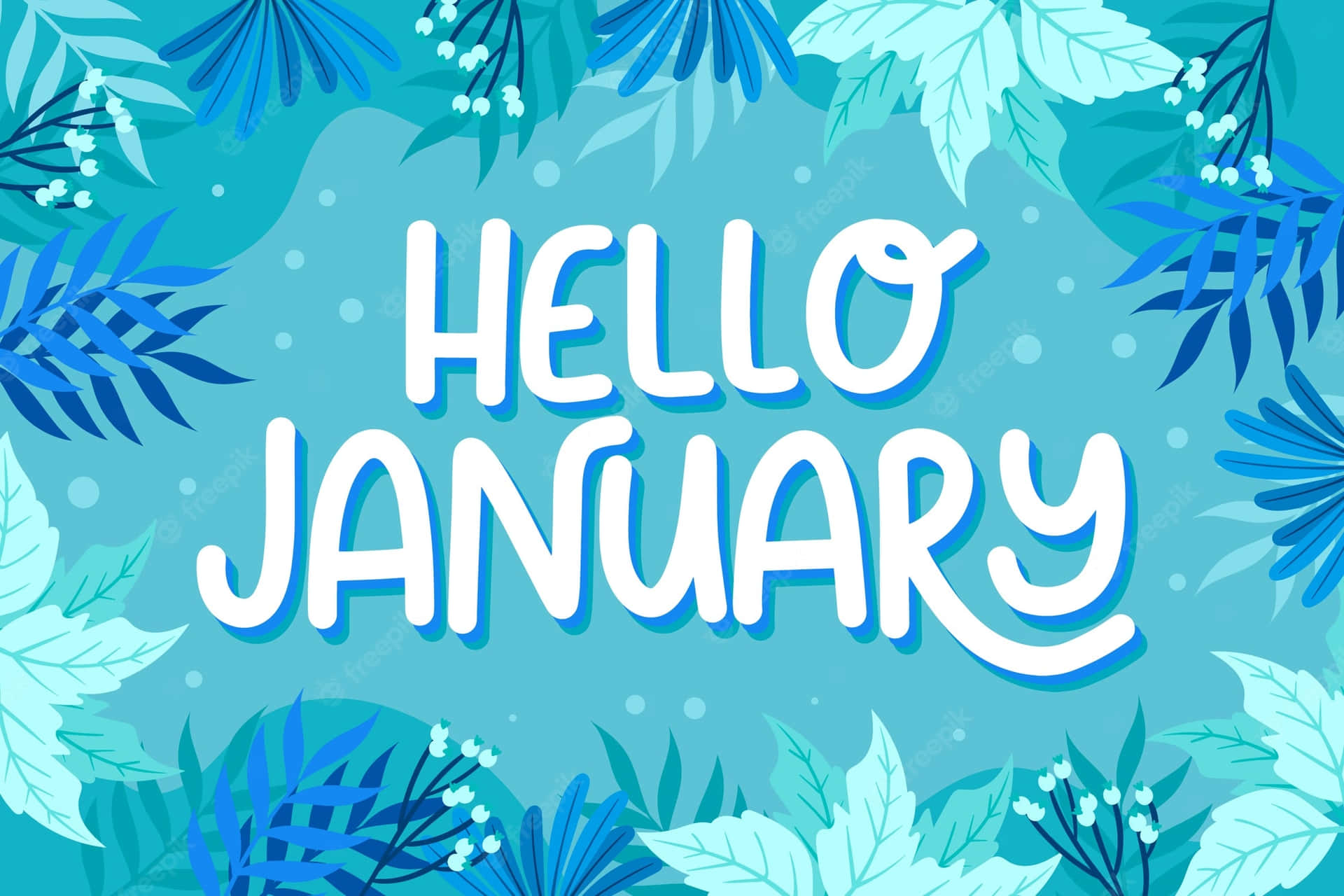 在青綠色背景上帶有藍色和綠色葉子邊框的Hello January問候語。