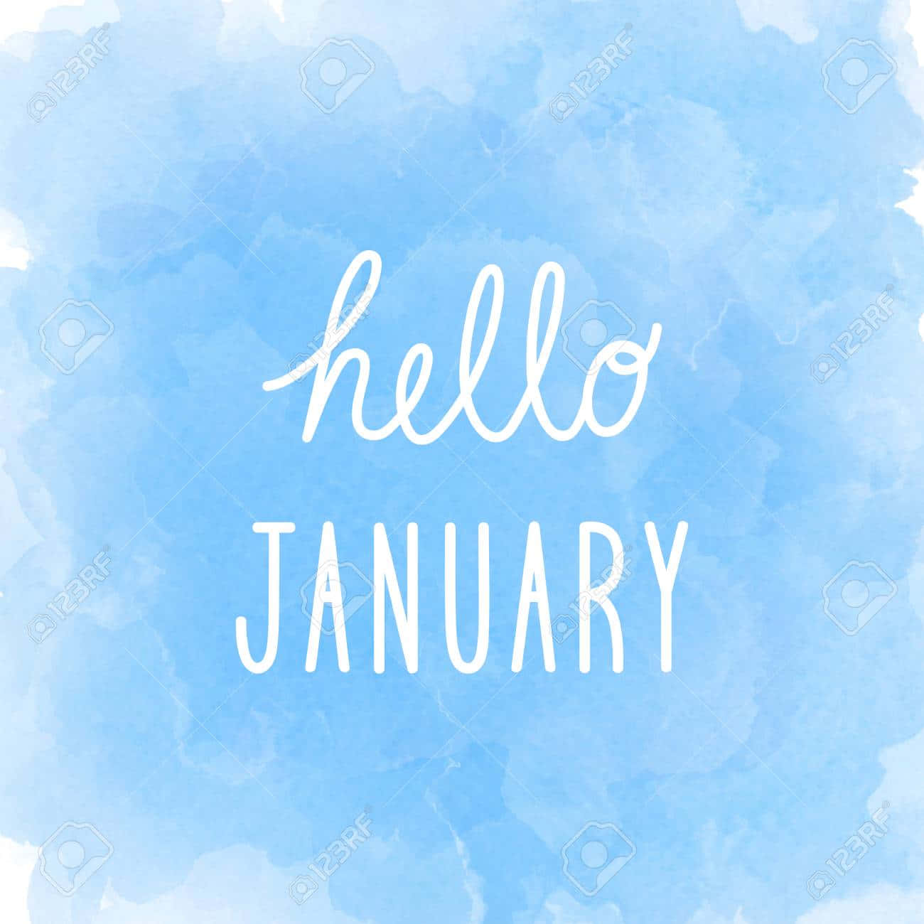 藍色水彩背景上的白色 Hello January 文字。