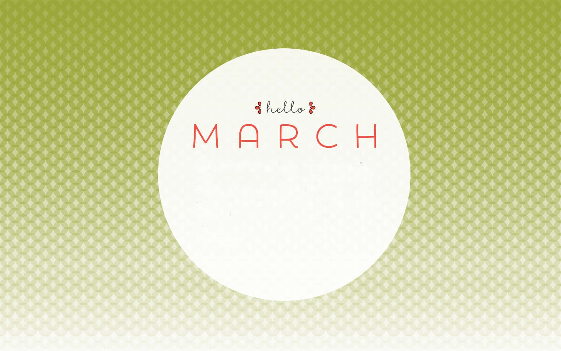 在綠色圖案背景上的白色圓圈內，紅色和黑色的 Hello March 文字。