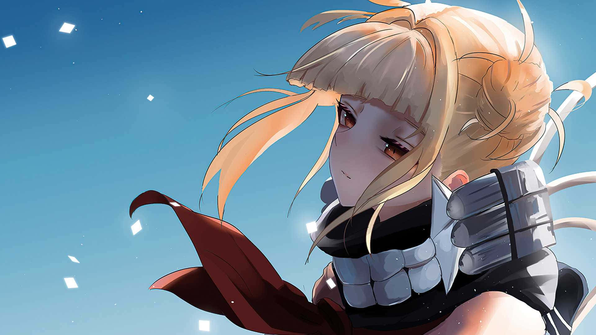 金髮動漫少女穿著盔甲，凝視著夕陽天空中的浮動方塊