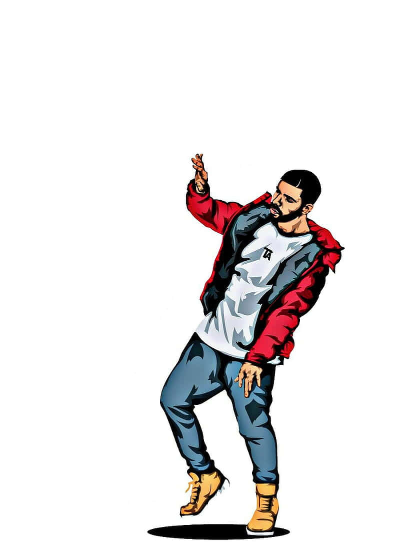 以《Hip Hop Free Fire》領航你的遊戲體驗！ 壁紙 — 一個風格化的插圖，描繪一名身穿紅色外套和牛仔褲的男子，在純白色背景前擺出動感舞蹈姿勢。