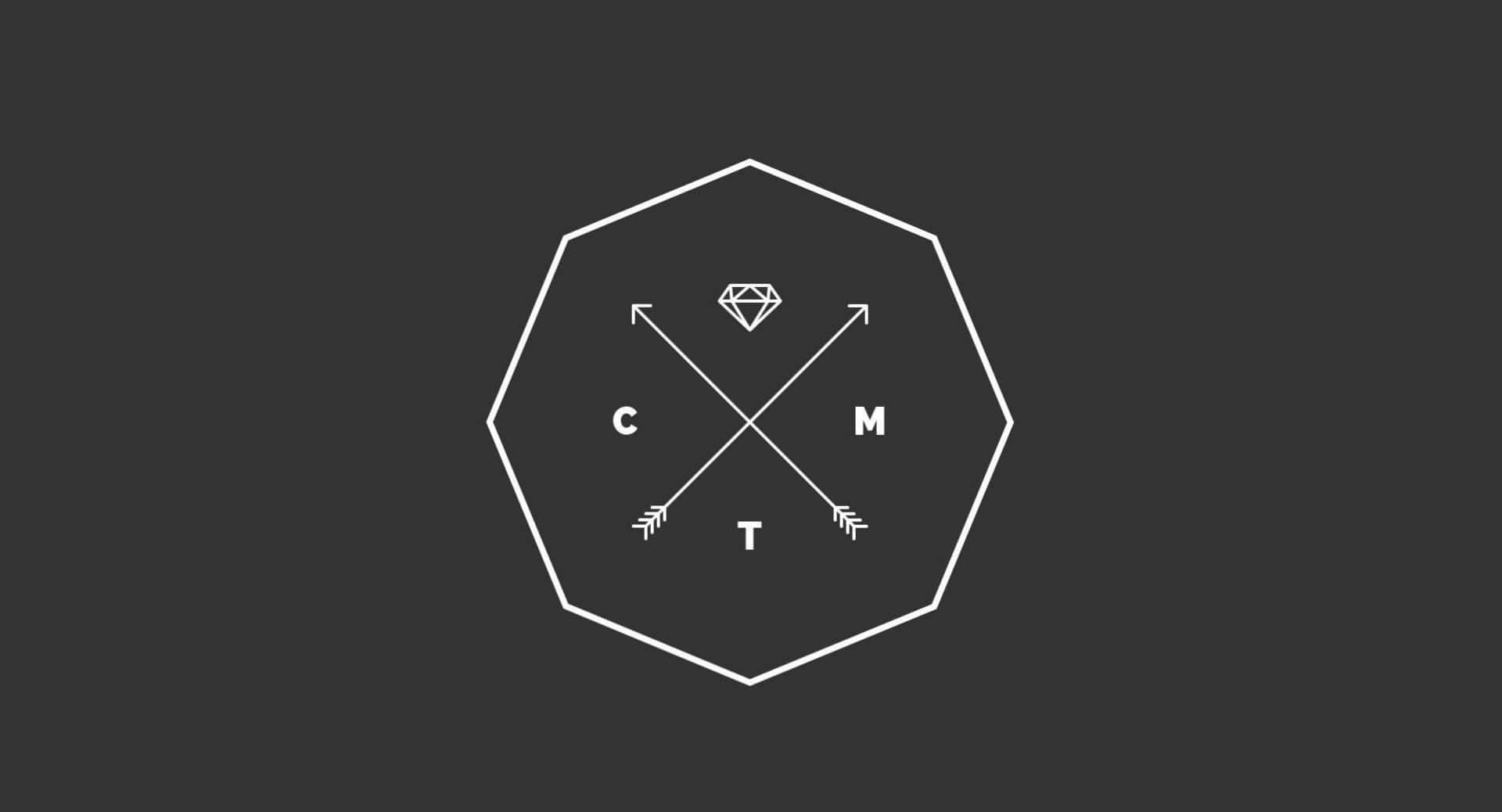 深灰色背景上帶有交叉箭頭、鑽石和字母 C M T 的白色幾何標誌。