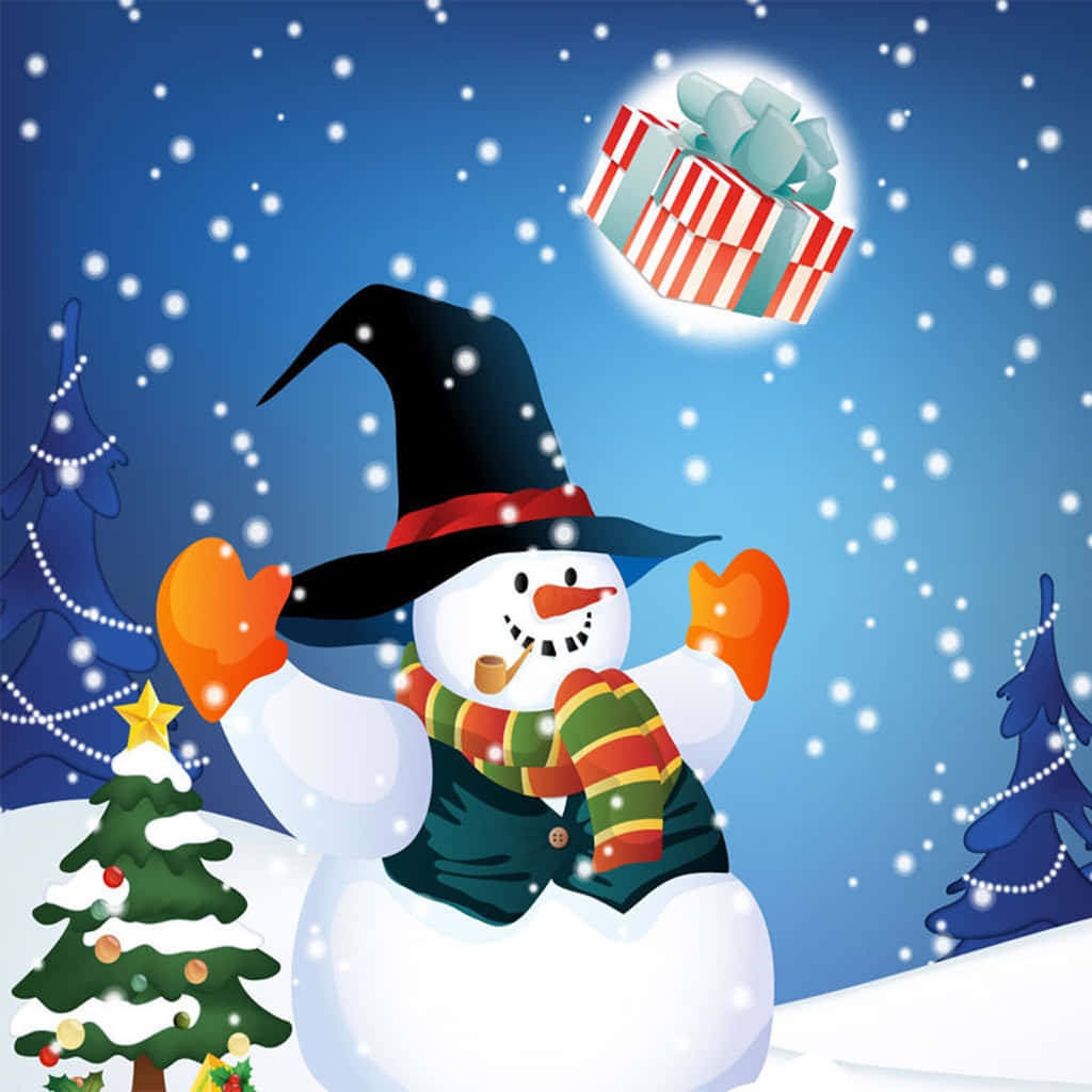 以 iPad 為聖誕節送禮 壁紙 — 一個戴著巫師帽和圍巾的快樂雪人，在飄雪中歡快地將一個條紋禮物盒扔向裝飾好的聖誕樹旁。