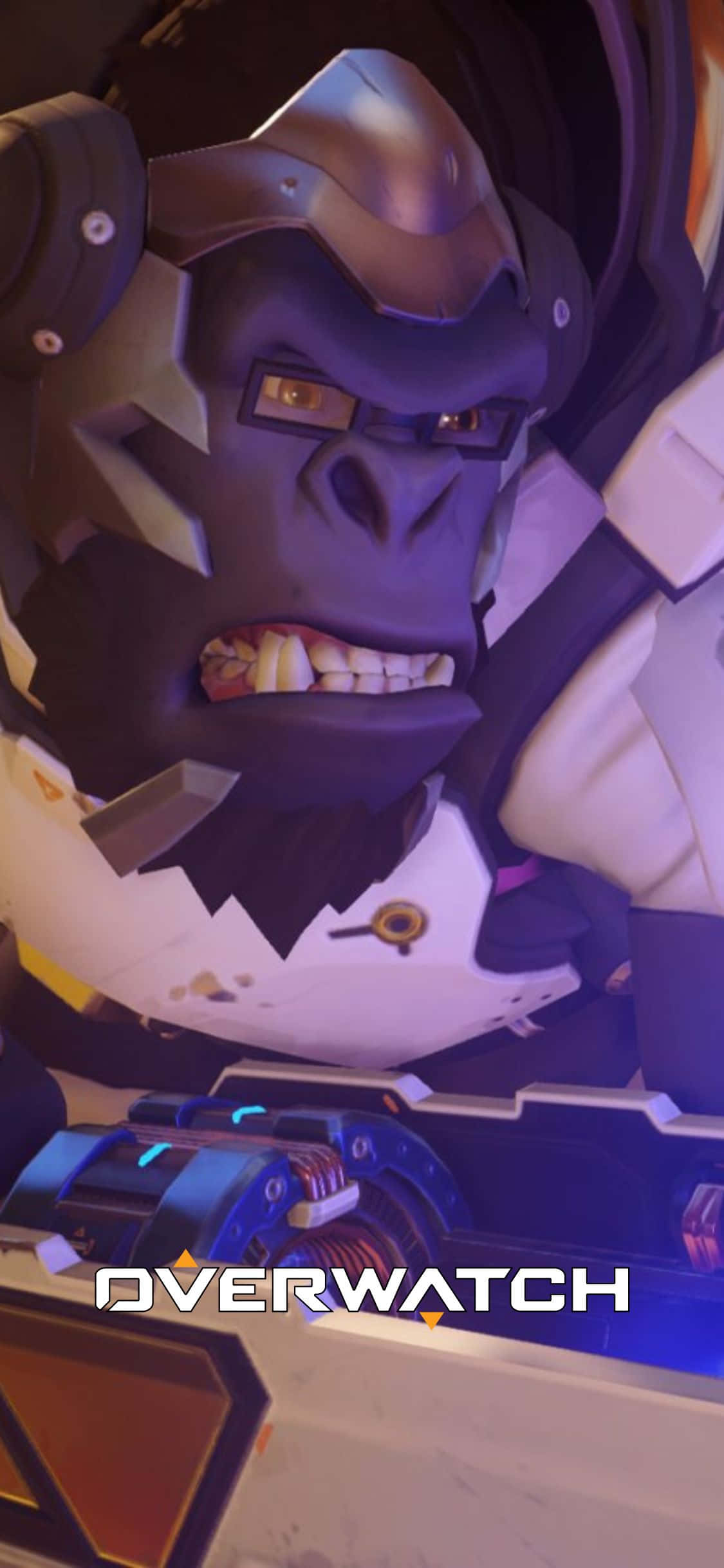 以 iPhone X 出擊《守望先鋒》！ 壁紙 — Overwatch角色溫斯頓的近距離特寫，表情兇猛，眼睛發光，身處高科技駕駛艙內。