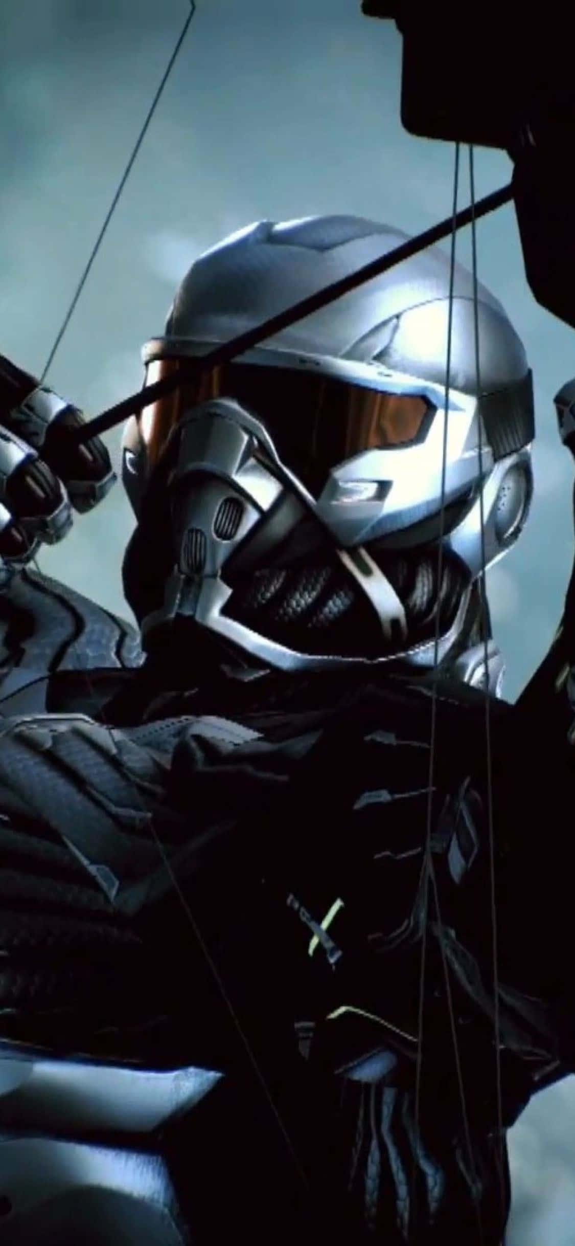以 iPhone X 和 Crysis 3 搏鬥征服戰場 壁紙 — 一名戴著銀色頭盔的未來戰士，在風暴般的灰色天空下，全神貫注地拉弓。