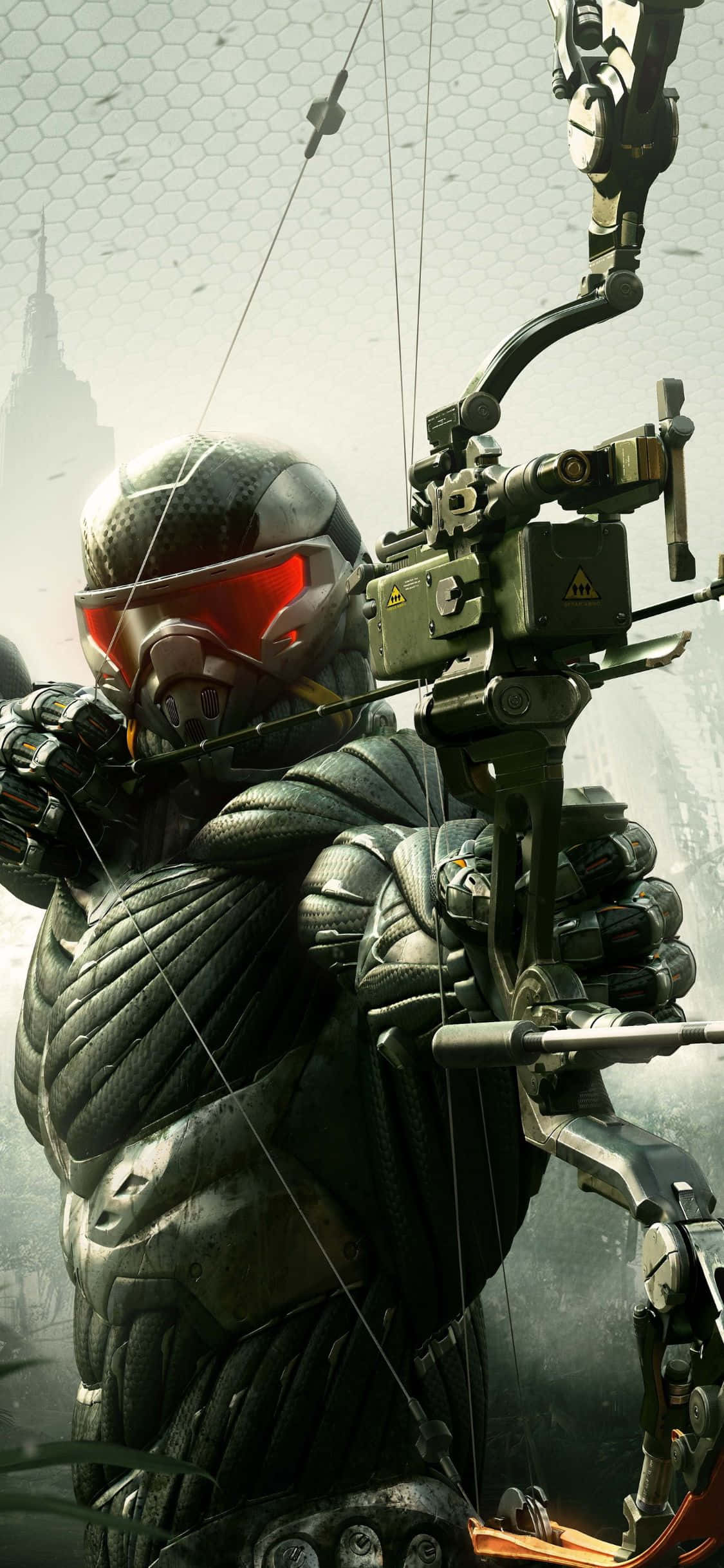 以 iPhone X 和 Crysis 3 感受強大遊戲體驗 壁紙 — 一名身穿暗色盔甲的未來戰士，正用高科技弓箭瞄準六邊形圖案的城市天際線。