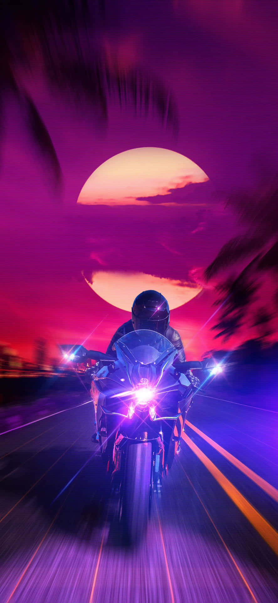 電單車手在紫色日落下的霓虹隧道中飛馳。