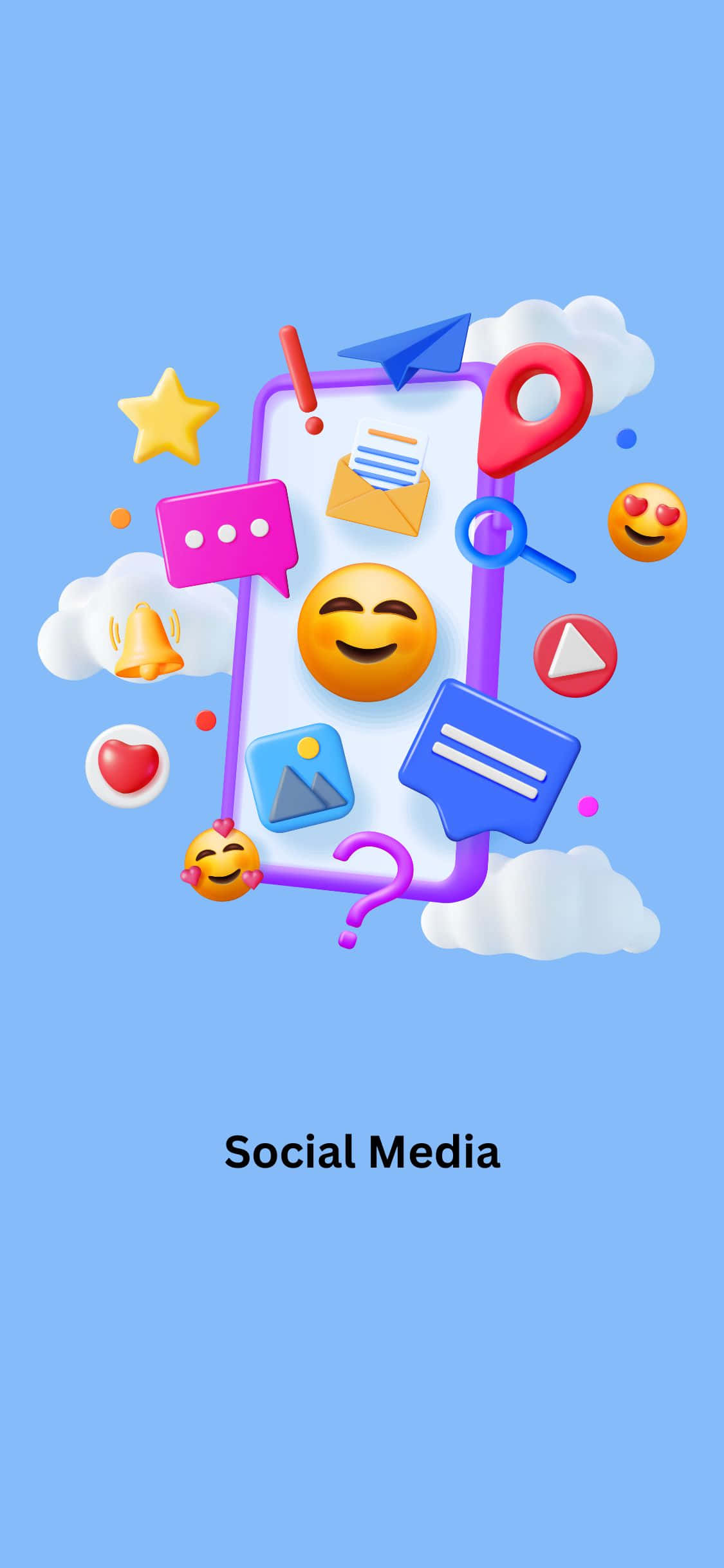 以 iPhone X 將您的社交媒體體驗提升至新高度！ 壁紙 — 一部智能手機在柔和嘅藍天白雲背景下爆發出色彩繽紛嘅3D社交媒體圖標同表情符號。