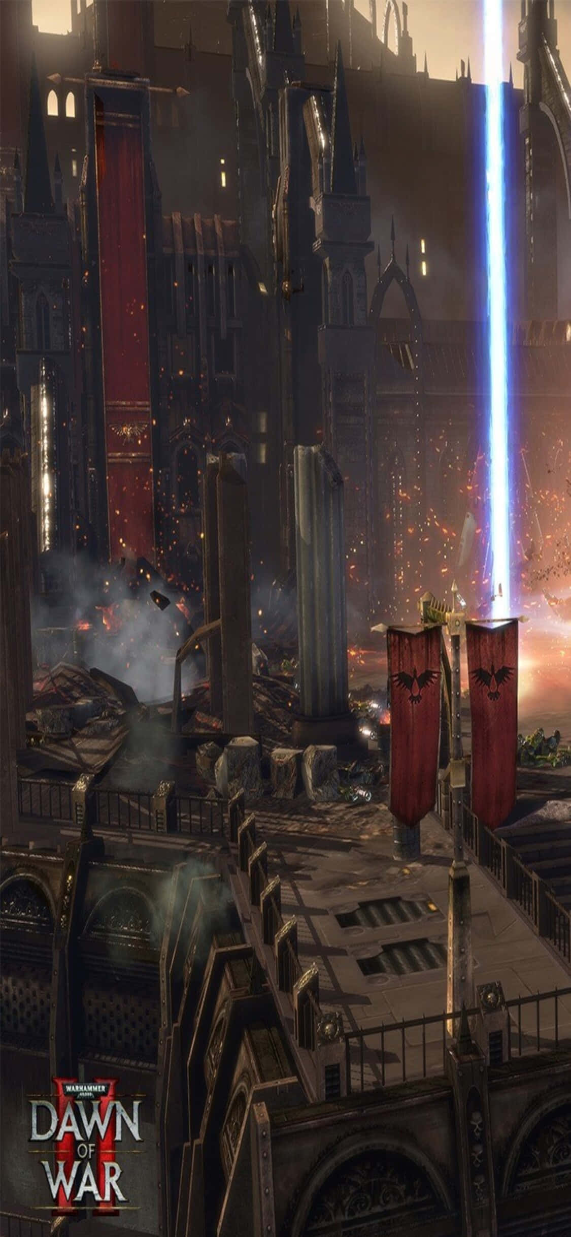 以 iPhone X《戰錘40K：戰爭黎明III》準備戰鬥 壁紙 — 黃昏時分哥德式戰爭廢墟城市景觀，一道發光的藍色光束穿透煙霧和熾熱的爆炸。