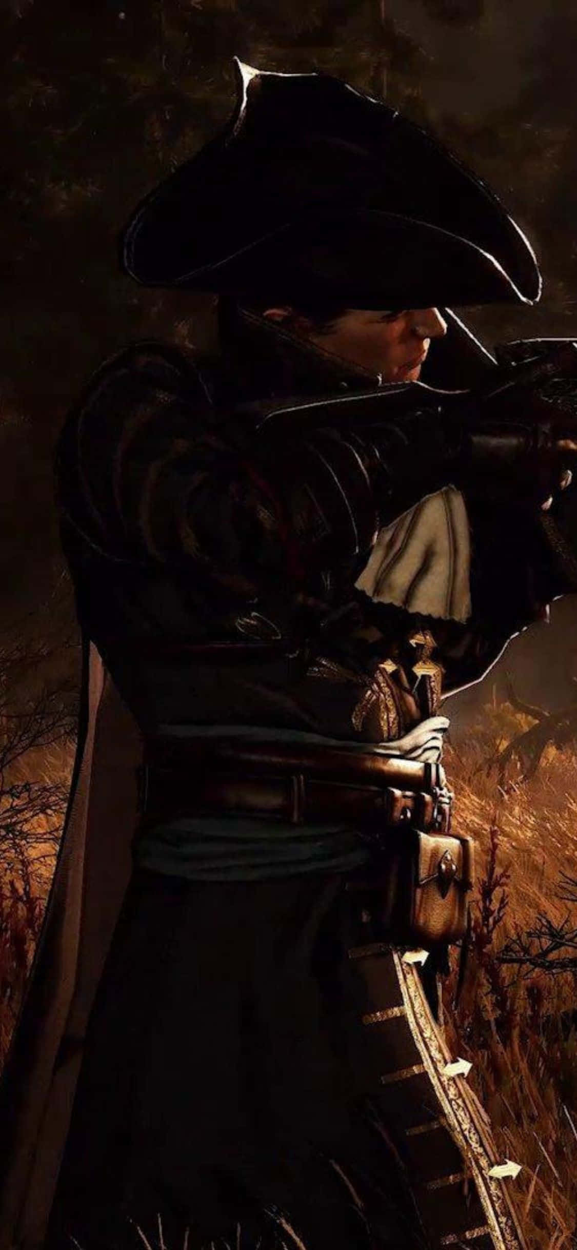 以 iPhone X 探索《Greedfall》的世界！ 壁紙 — 一名身穿深色衣服、戴三角帽的士兵在煙霧瀰漫的天空下，於火熱的戰場上瞄準步槍。