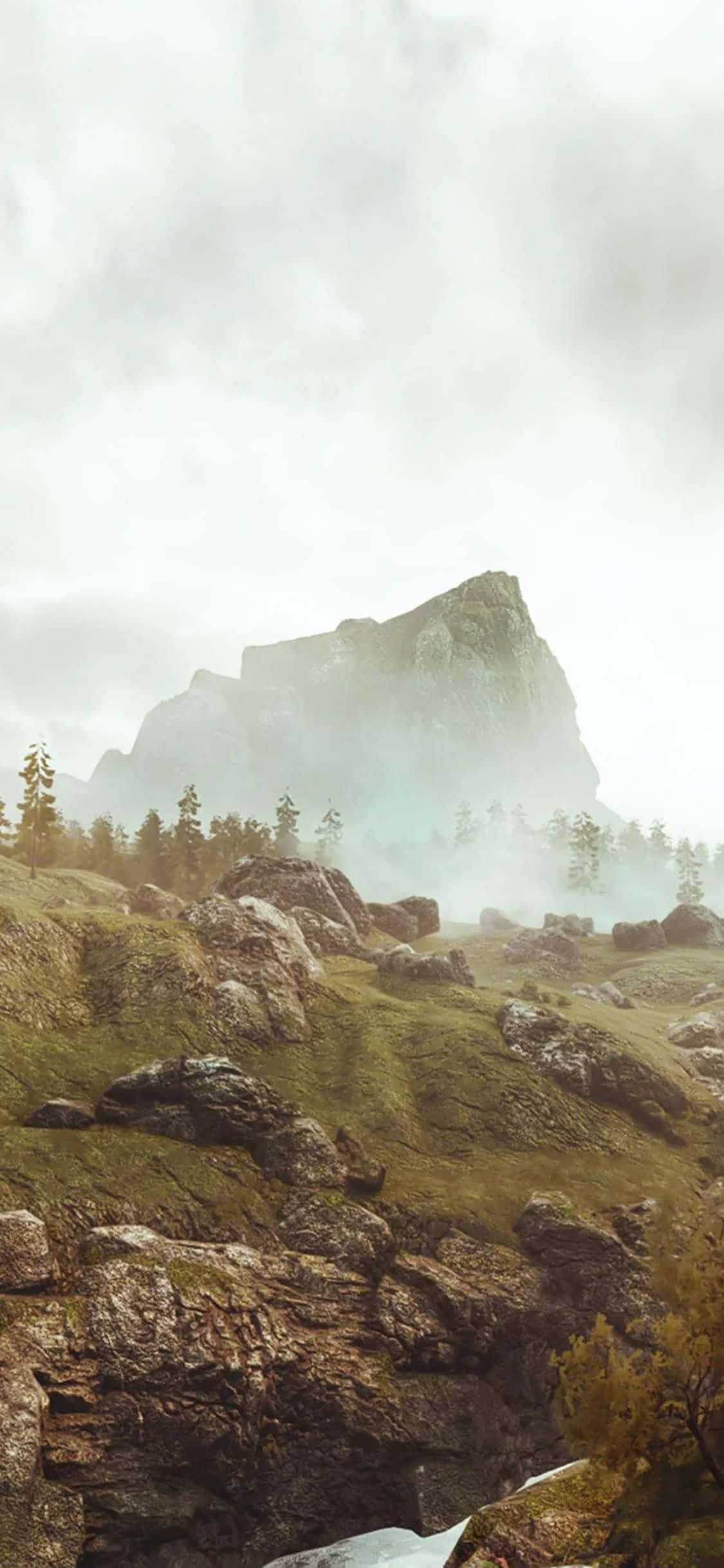 以 iPhone X 探索《Greedfall》的冒險世界 壁紙 — 在陰天之下，一個霧氣瀰漫的山峰聳立在點綴著常綠樹的岩石山坡之上。