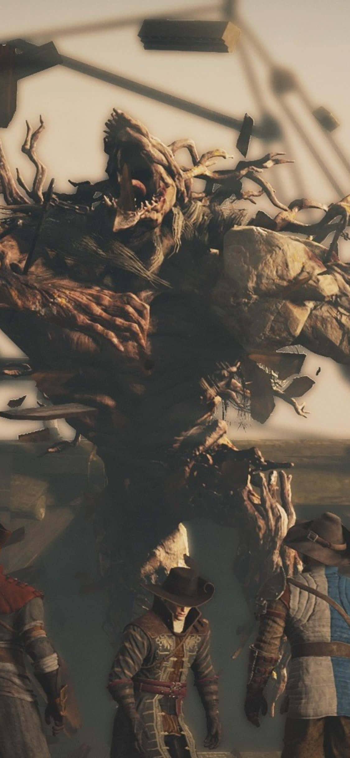 以 iPhone X 探索《Greedfall》的絢麗世界 壁紙 — 一個像樹的怪物，有著粗糙的肢體和尖銳的牙齒，在光線昏暗、佈滿碎石的環境中，威脅著身穿盔甲的冒險者。