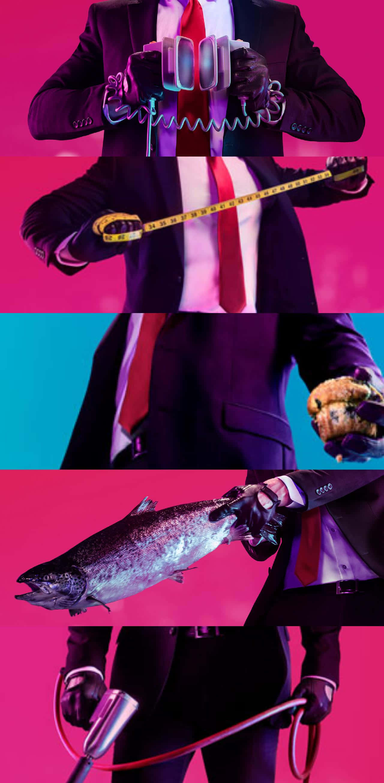 以 iPhone X 與《Hitman 2》展現無敵風采 壁紙 — 一位穿著西裝的商人拿著捲尺、漢堡、三文魚和聽診器，背景是鮮豔的粉紅色和藍色。