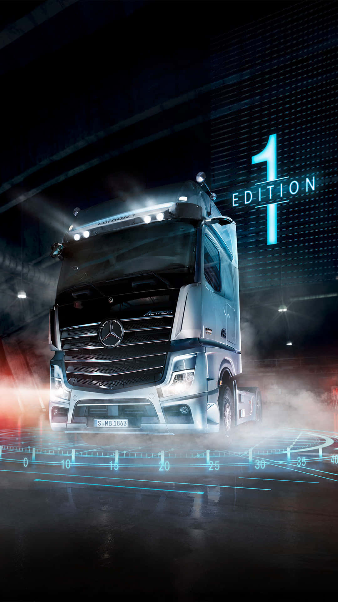 時尚的銀色 Mercedes-Benz 卡車停在高科技車庫中，周圍有發光的藍色線條和煙霧。