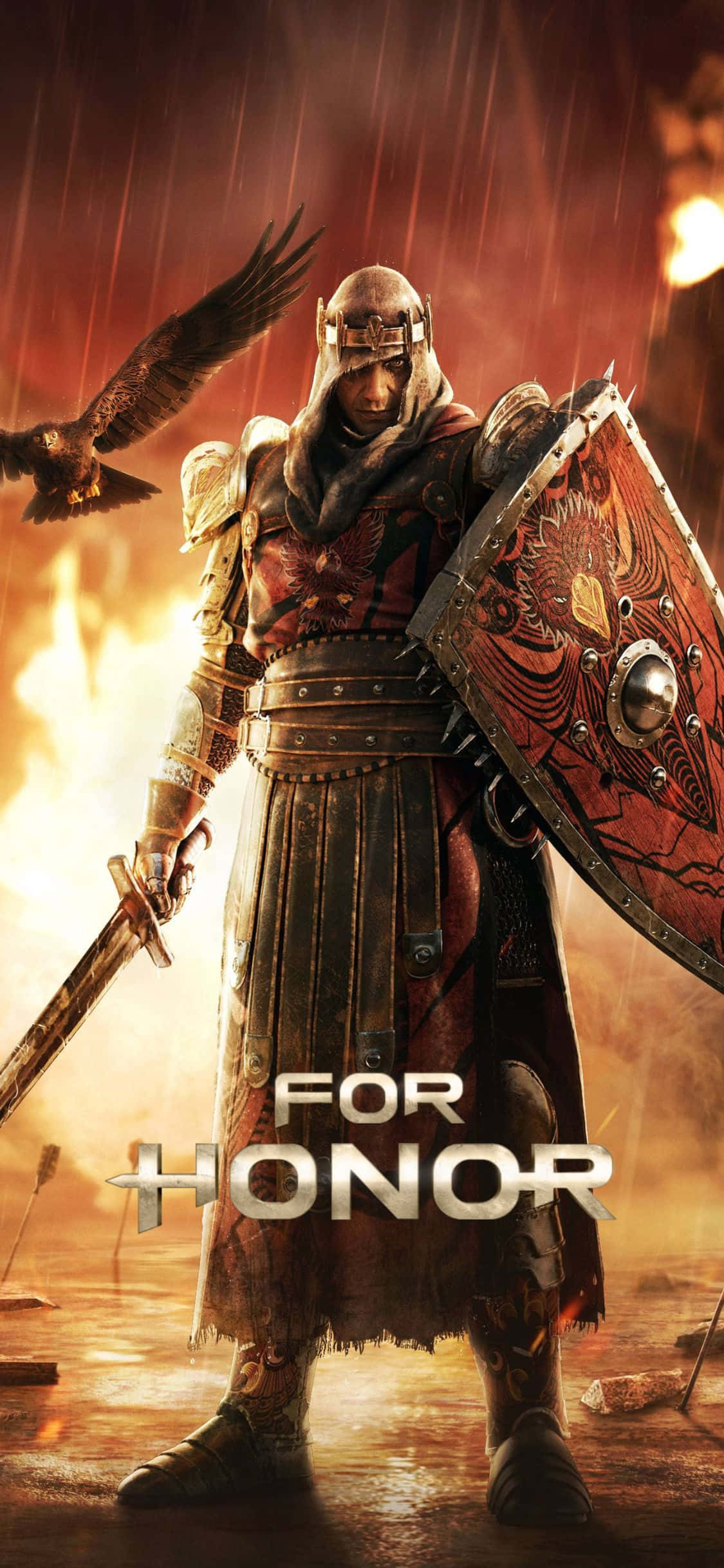 以 iPhone Xs For Honor 感受內心的驕傲與敬意 壁紙 — 一名身穿華麗盔甲的戰士在烈火戰場上挑釁地站立，一隻烏鴉在他旁邊飛翔。