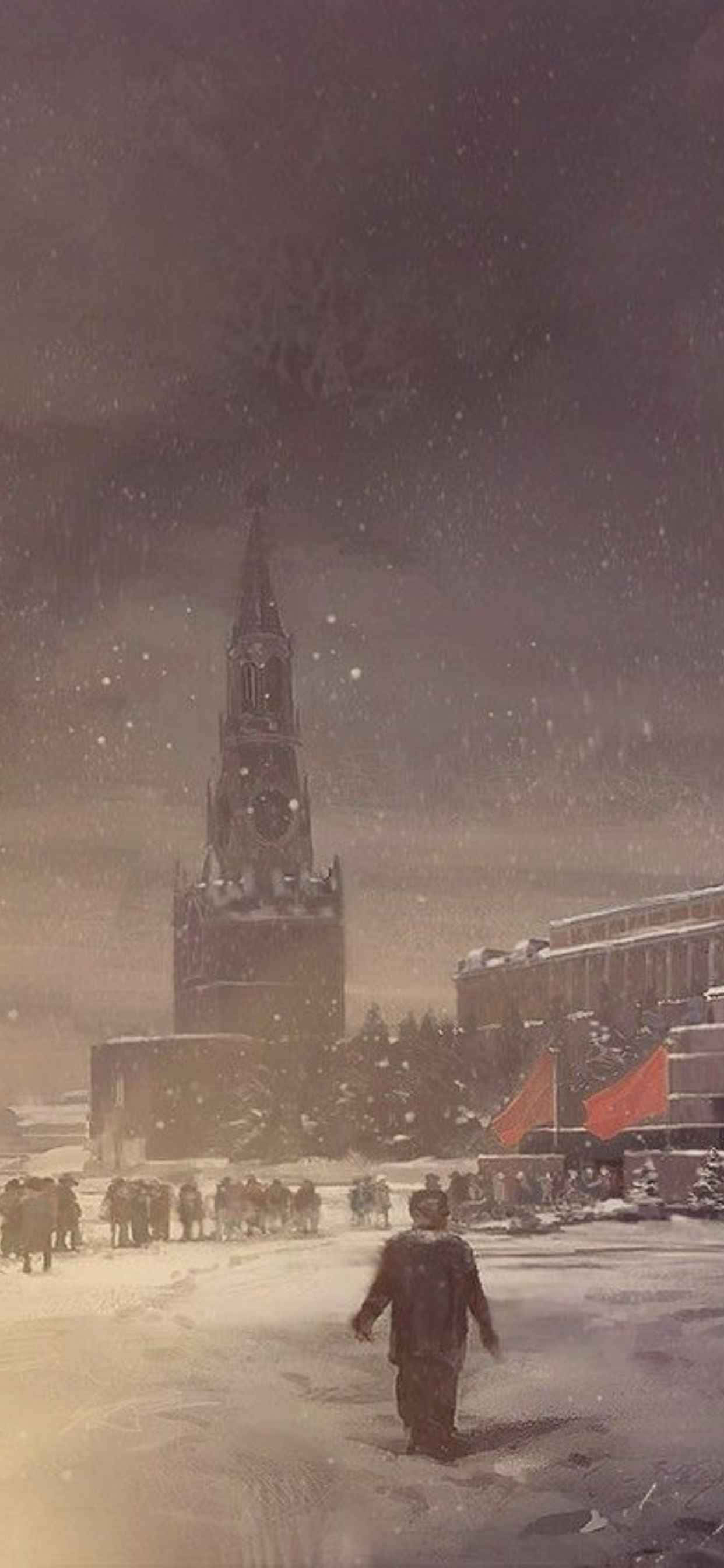 以 iPhone Xs Max 征服世界 壁紙 — 一個孤獨的身影走過白雪覆蓋的城市廣場，雪花飄落在高聳的鐘樓和遠處的紅旗周圍。