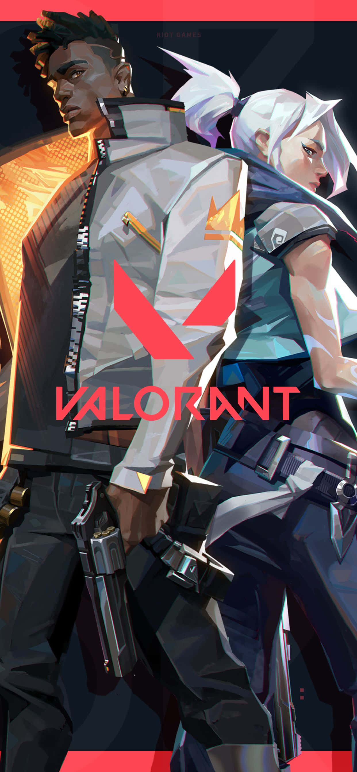 以 iPhone Xs Max 體驗《Valorant》的時尚風格 壁紙 — 兩位Valorant特工背對背站立，採用風格化數位藝術，帶有發光的橙色點綴和紅色標誌。