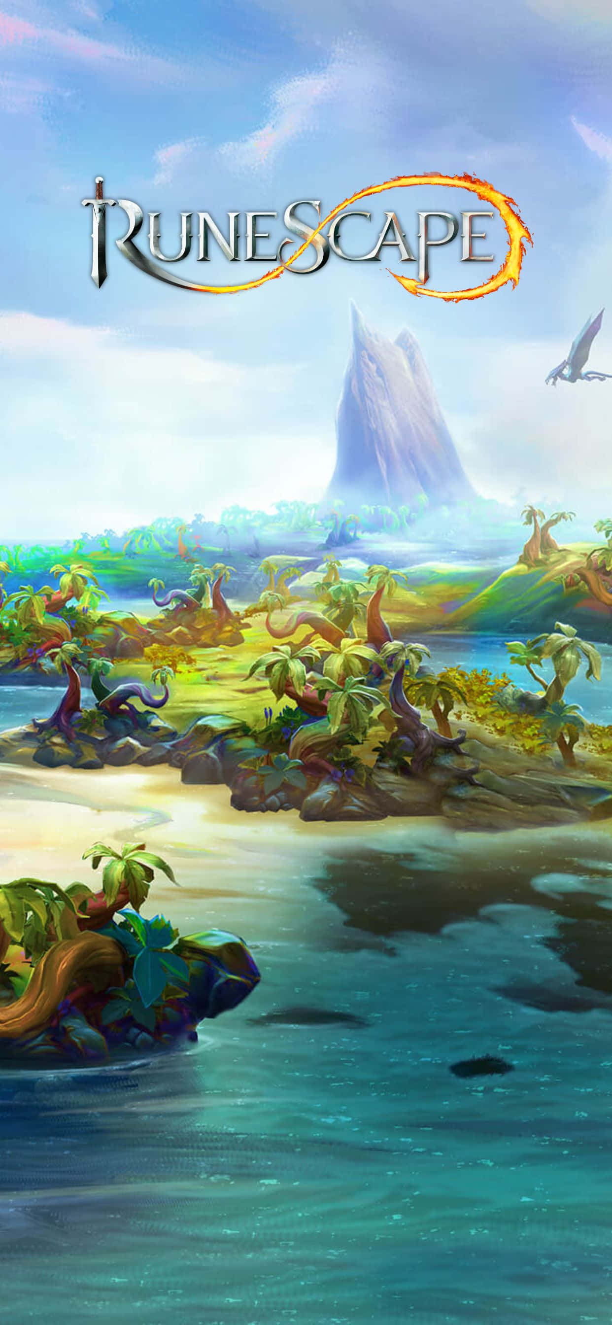 以 iPhone XS Max 體驗《RuneScape》的極致冒險 壁紙 — 充滿活力的奇幻風景，有熱帶島嶼、碧綠海水和一座高聳的山峰，在明亮的天空下有一條飛龍。