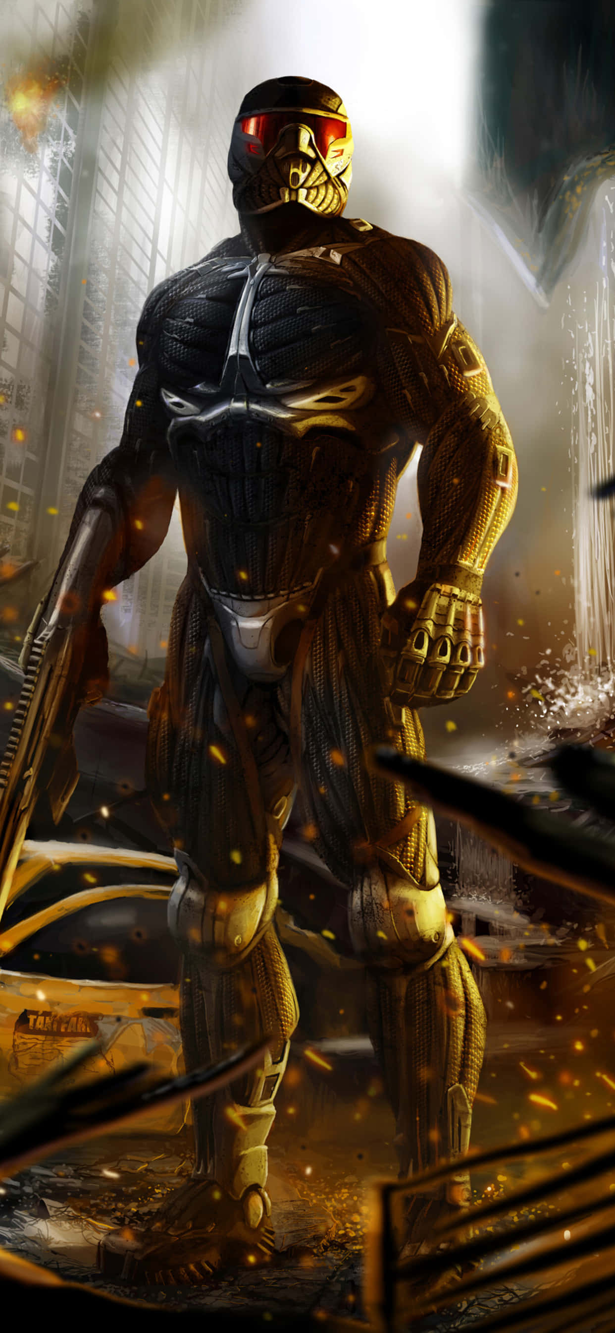以 iPhone XS Max 沉浸 Crysis Warhead 的視覺震撼遊戲世界 壁紙 — 一個帶有發光紅眼的威嚇裝甲戰士，站在廢墟城市景觀中，周圍有飛揚的碎片和金色光芒。