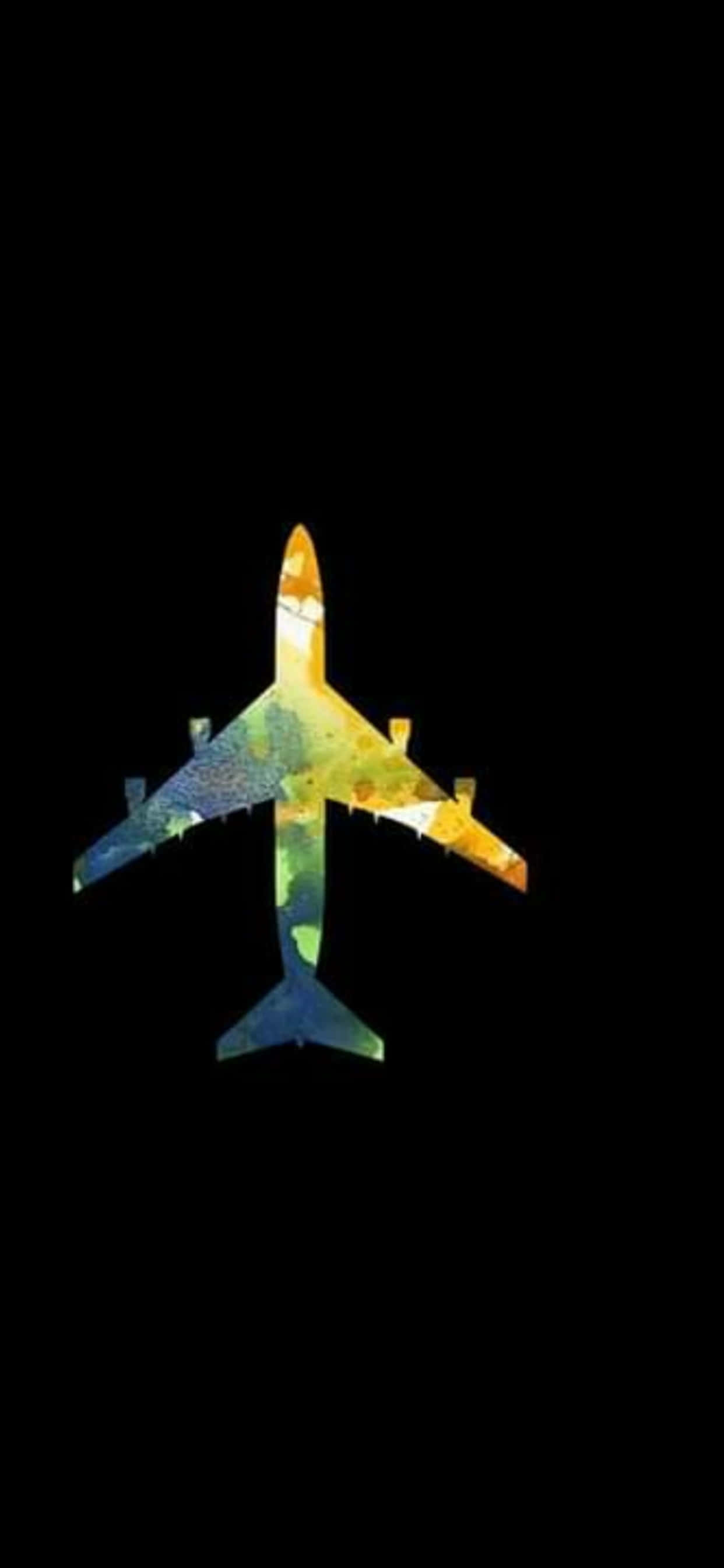 以 iPhone Xs Max 欣賞高空美景 壁紙 — 一架充滿活力的水彩飛機剪影在混合了黃、綠、藍色調的純黑背景上發光。