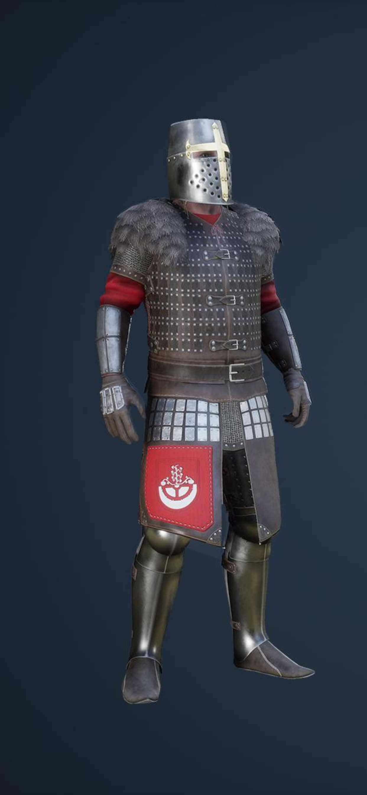 以 iPhone Xs Max 體驗 Mordhau 壁紙 — 一位全副武裝的中世紀騎士，身穿精細的板甲和鎖子甲，披著紅色紋章戰袍，站在深色漸變背景前。