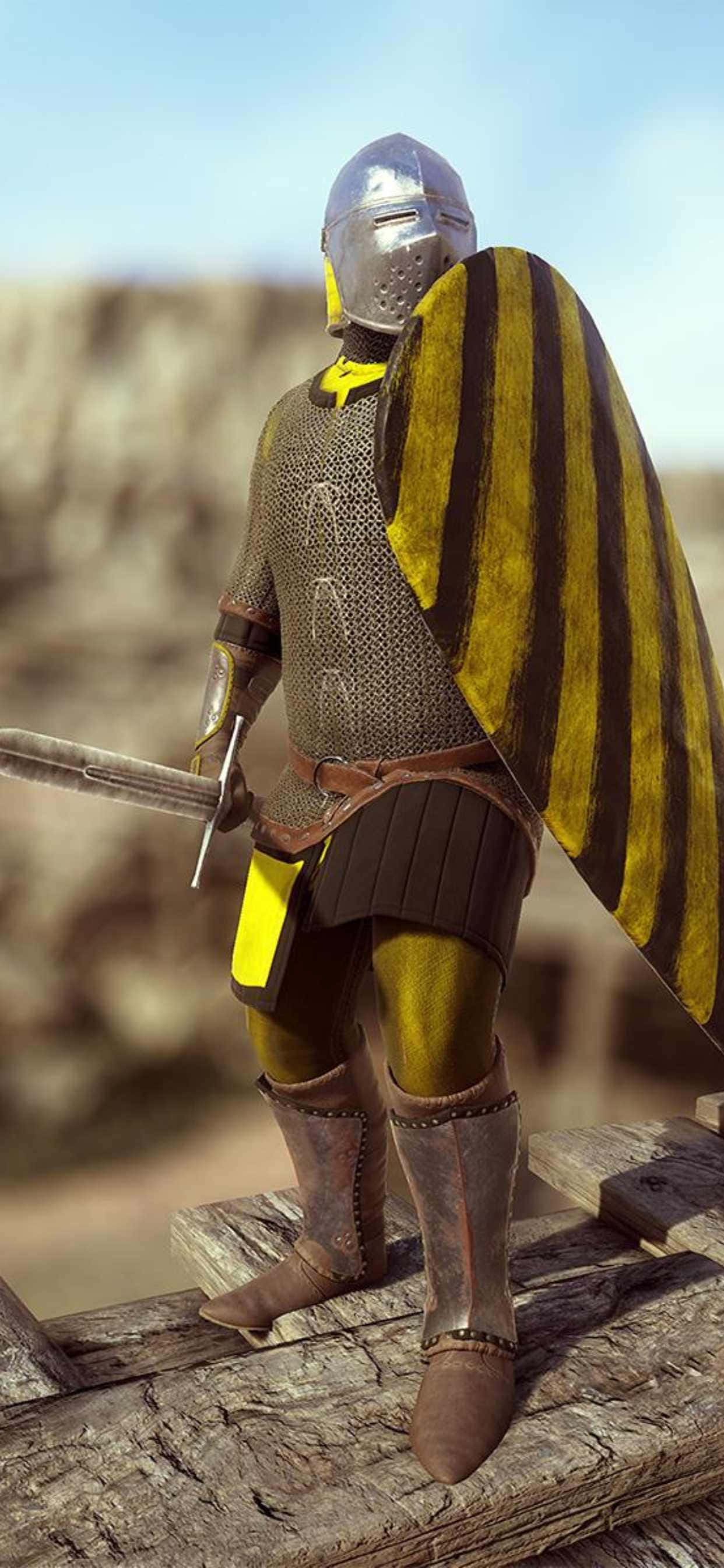 以 iPhone XS Max Mordhau 突出眾人 壁紙 — 一位身穿鎖子甲和頭盔的中世紀騎士站在木製平台上，手持劍和條紋盾牌，背景是岩石。