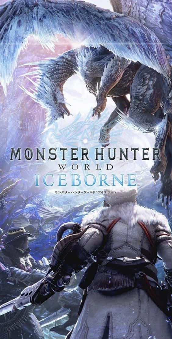 以 iPhone Xs 和《Monster Hunter World》開啟驚險戰鬥 壁紙 — 一名身穿重甲的獵人，在雪山背景下，面對一隻擁有發光翅膀的巨大冰龍。