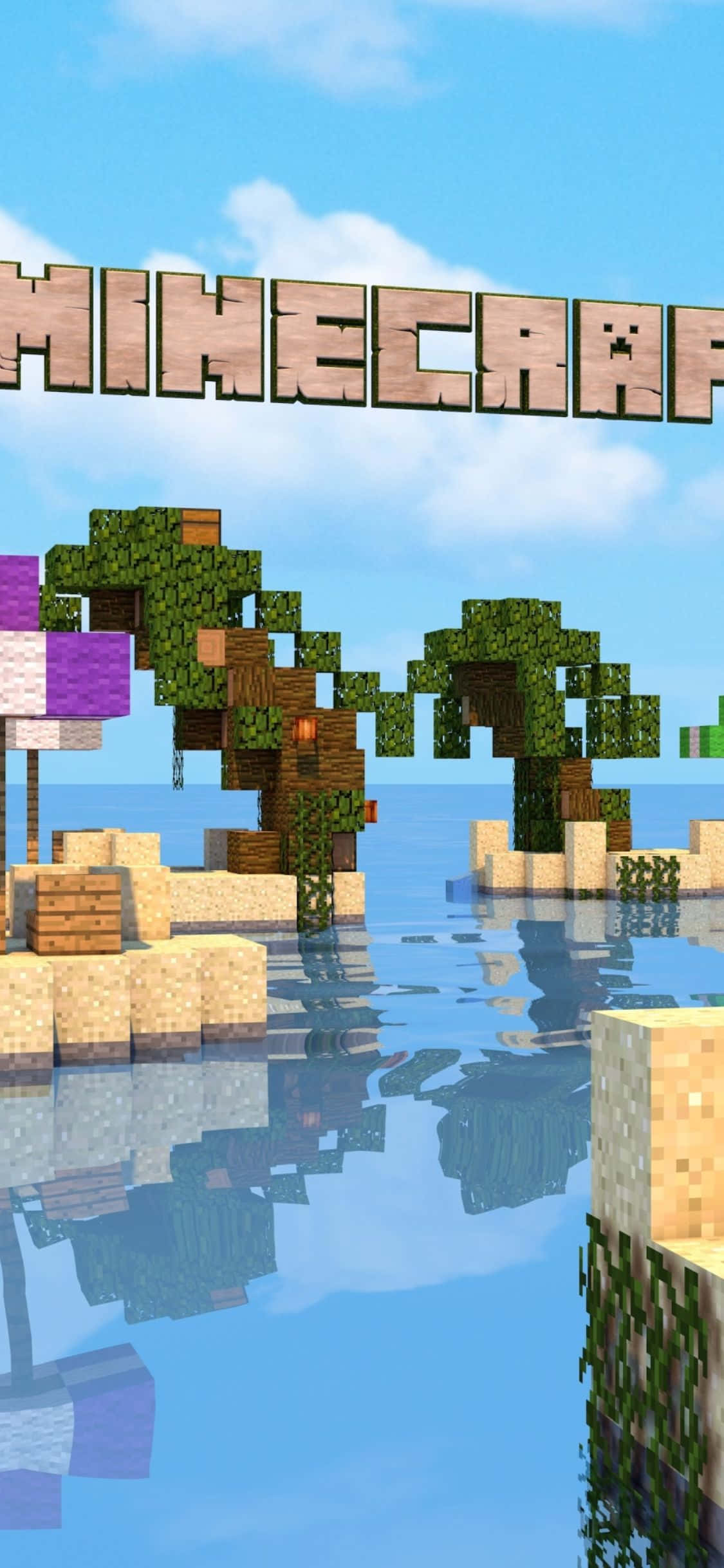 以 iPhone Xs 探索 Minecraft 世界 壁紙 — Minecraft 風景，有方塊樹木和水，藍天白雲，還有遊戲標誌。
