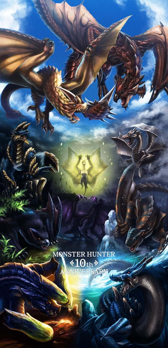 以 iPhone Xs 探索充滿龍與怪物的奇幻世界 壁紙 — 一幅戲劇性的奇幻插圖，描繪多條巨龍在暴風雨的天空下，圍繞著一個發光的中心人物翱翔和棲息。