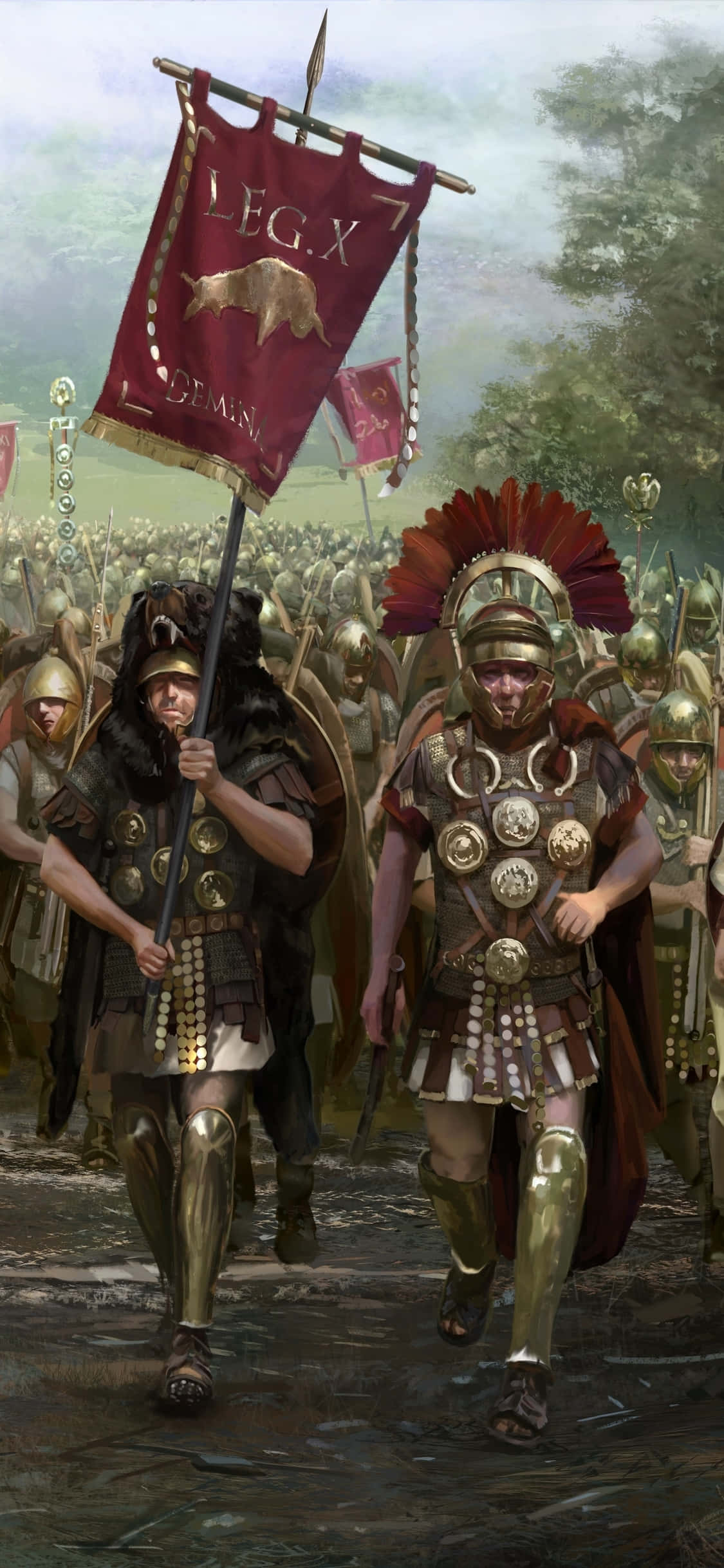 以 iPhone Xs 玩《Total War: Rome 2》征服羅馬帝國 壁紙 — 身穿精細盔甲的羅馬軍團士兵在陰天之下，手持標有LEG X的紅色旗幟向前行進。