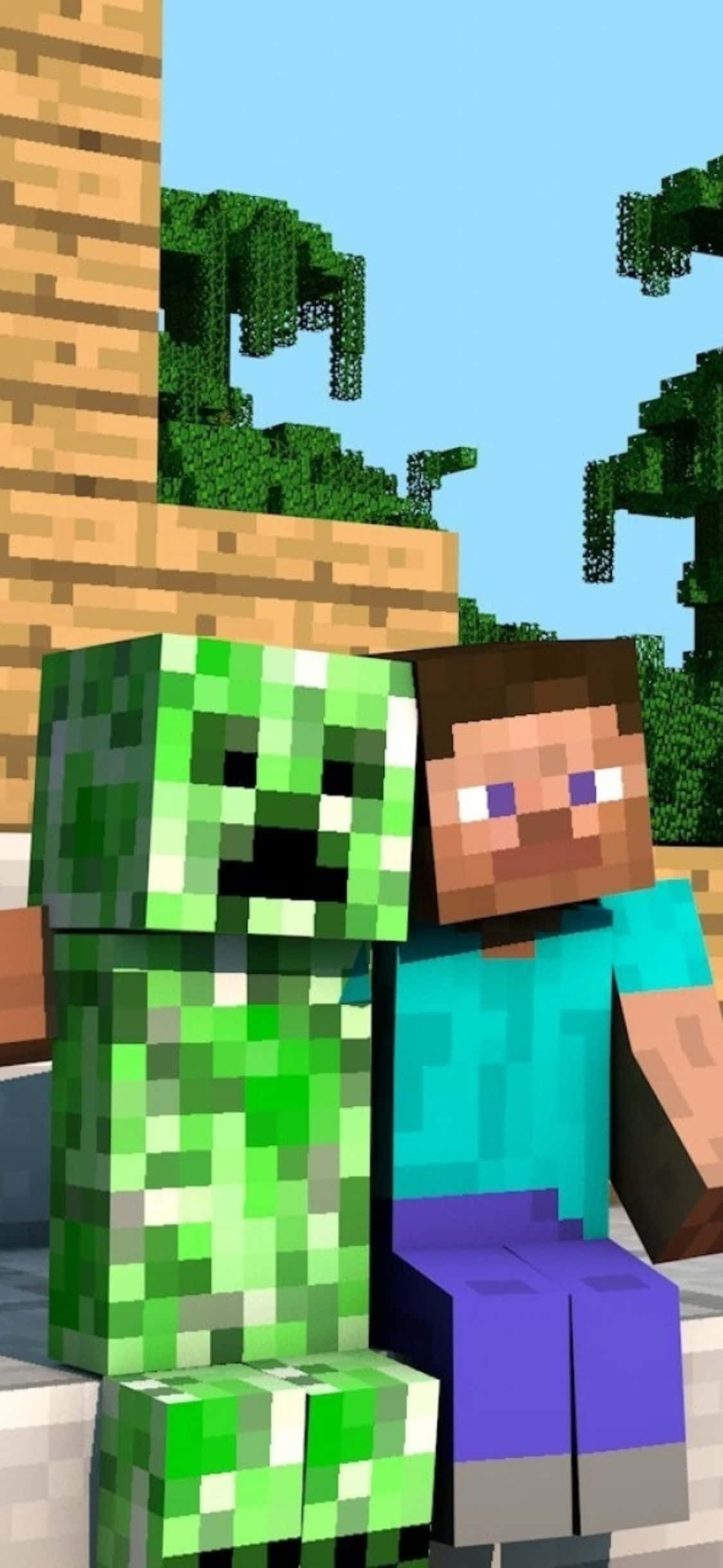 以 iPhone Xs 發現無限樂趣的 Minecraft 世界 壁紙 — 一個像素化的 Minecraft 苦力怕和史提夫並排坐在石磚上，頭上是晴朗的藍天。