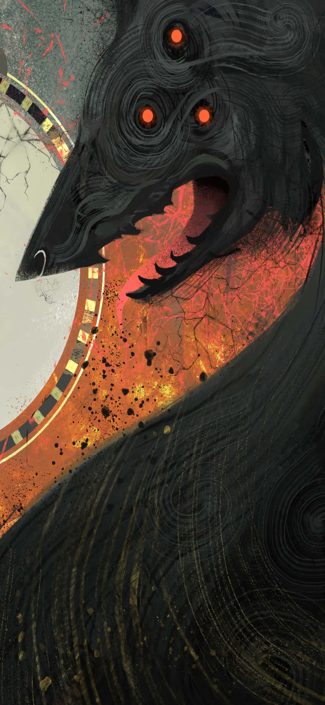 以 iPhone Xs 與《龍 Age：審判》開啟奇幻冒險 壁紙 — 一隻帶有發光橙色眼睛和尖銳喙的威脅性黑鳥，從旋轉的深色羽毛中浮現，背景是火橙色和裂紋。