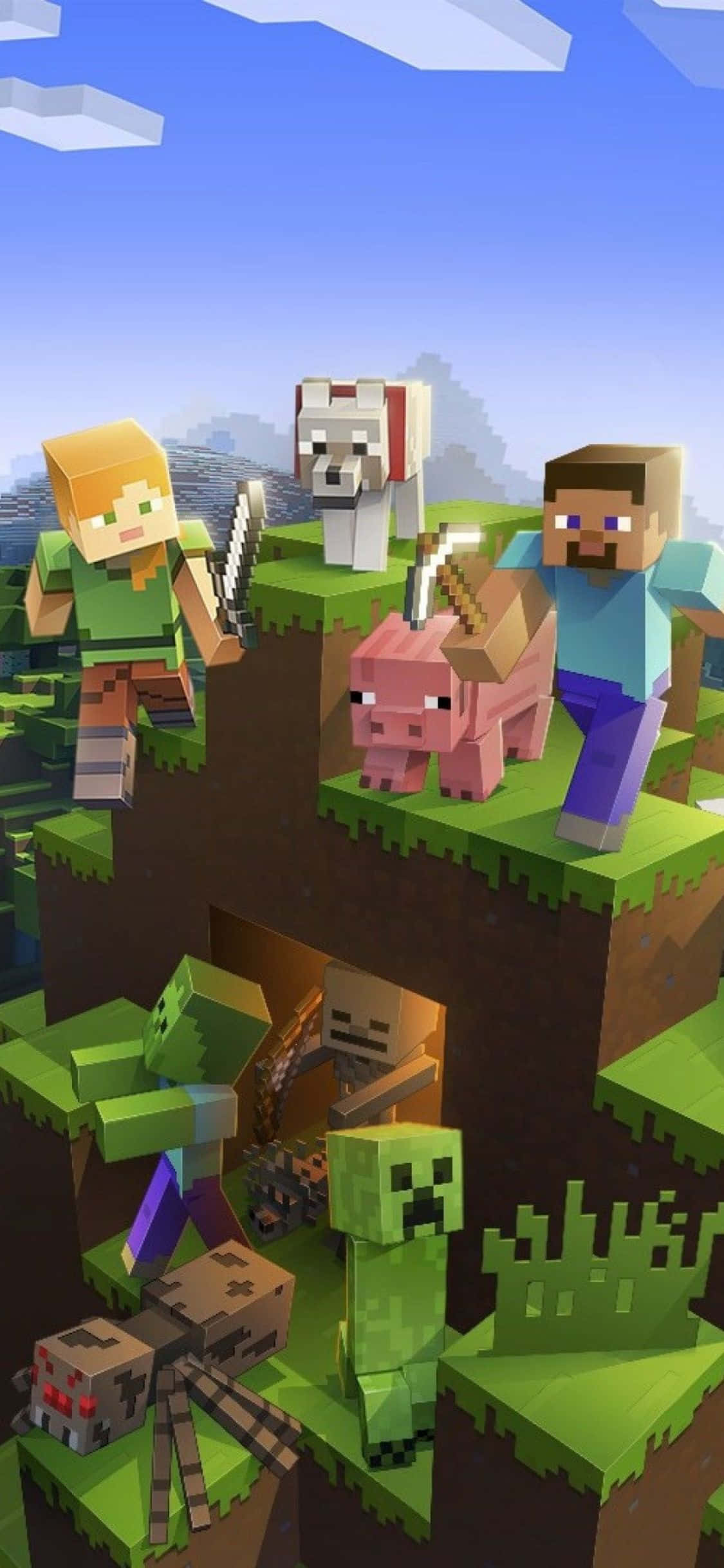 以 iPhone Xs 解鎖 Minecraft 的隱藏世界 壁紙 — 方塊狀的Minecraft角色和生物站在漂浮的綠色島嶼上，背景是帶有白雲的明亮藍天。