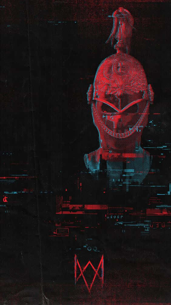 一個扭曲的數位半身像，頭盔和皇冠在深色背景上發出紅色和藍色的光芒。