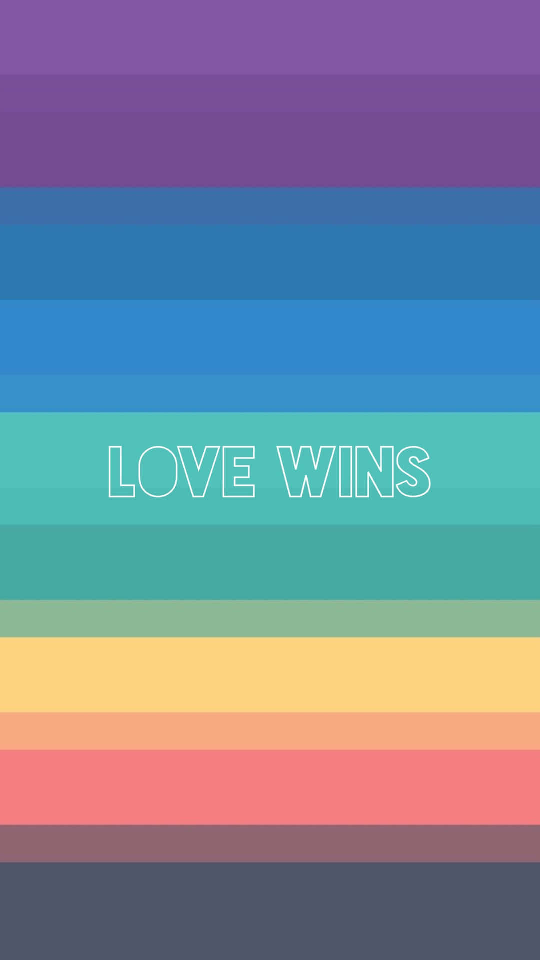 彩虹色水平條紋，帶有白色輪廓文字 love wins。