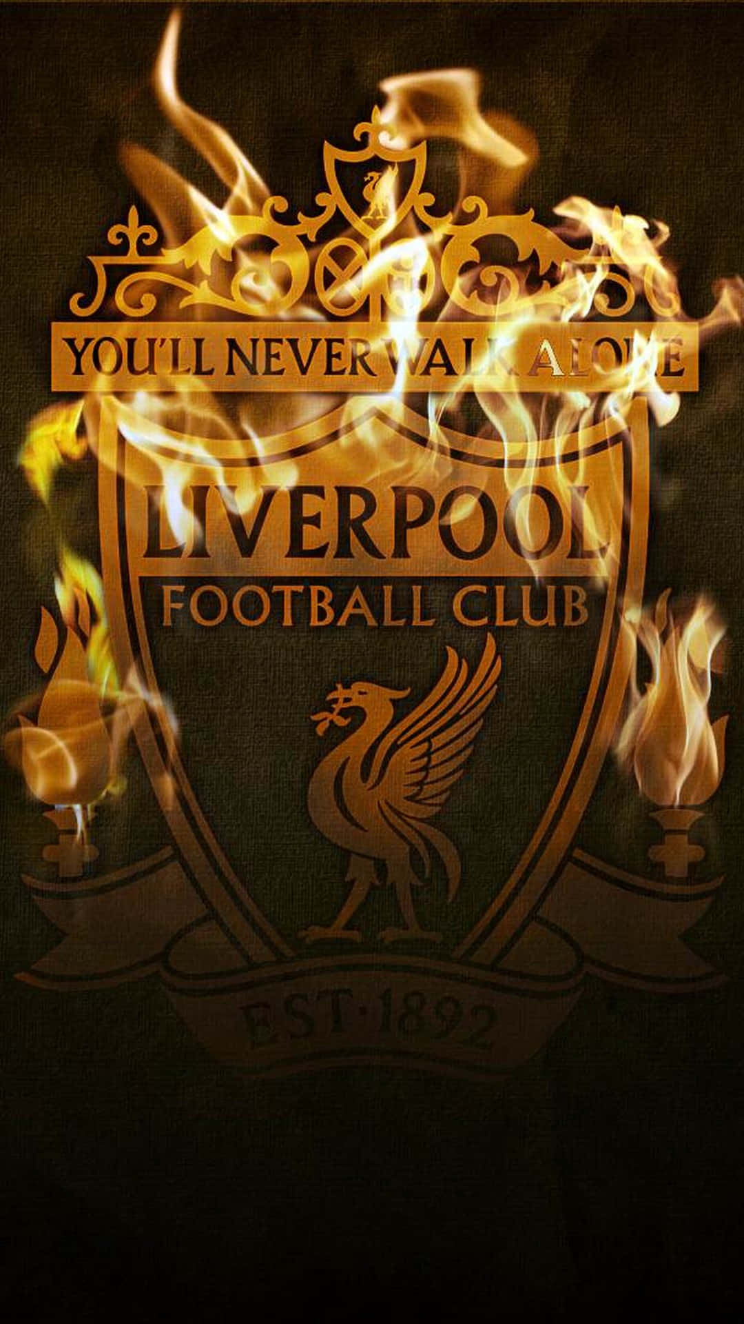 利物浦FC徽章被火焰包圍，帶有「You'll Never Walk Alone」文字。
