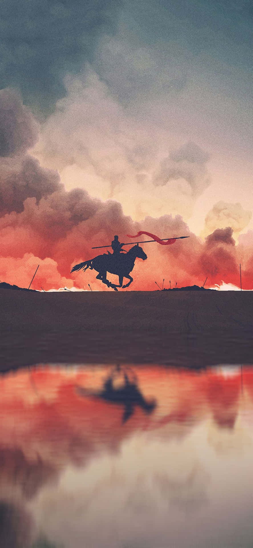 騎馬戰士，紅色旗幟，剪影映襯熾熱夕陽，水面倒映。