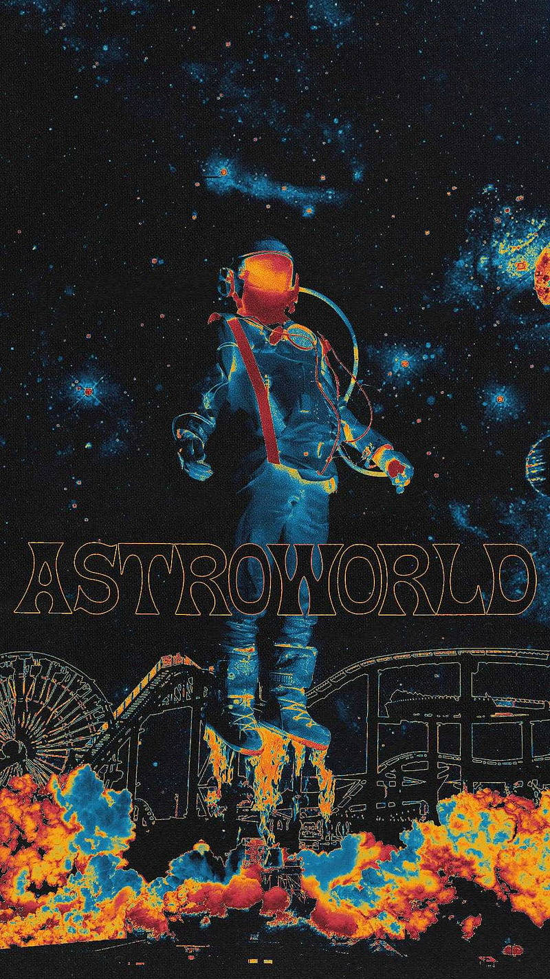 一個太空人站在太空中一個燃燒的遊樂園遊樂設施上，帶有'ASTROWORLD'文字。
