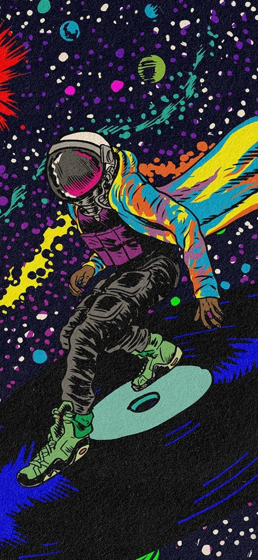 一個色彩繽紛的太空人在繁星點點的星系中於宇宙波浪上衝浪。