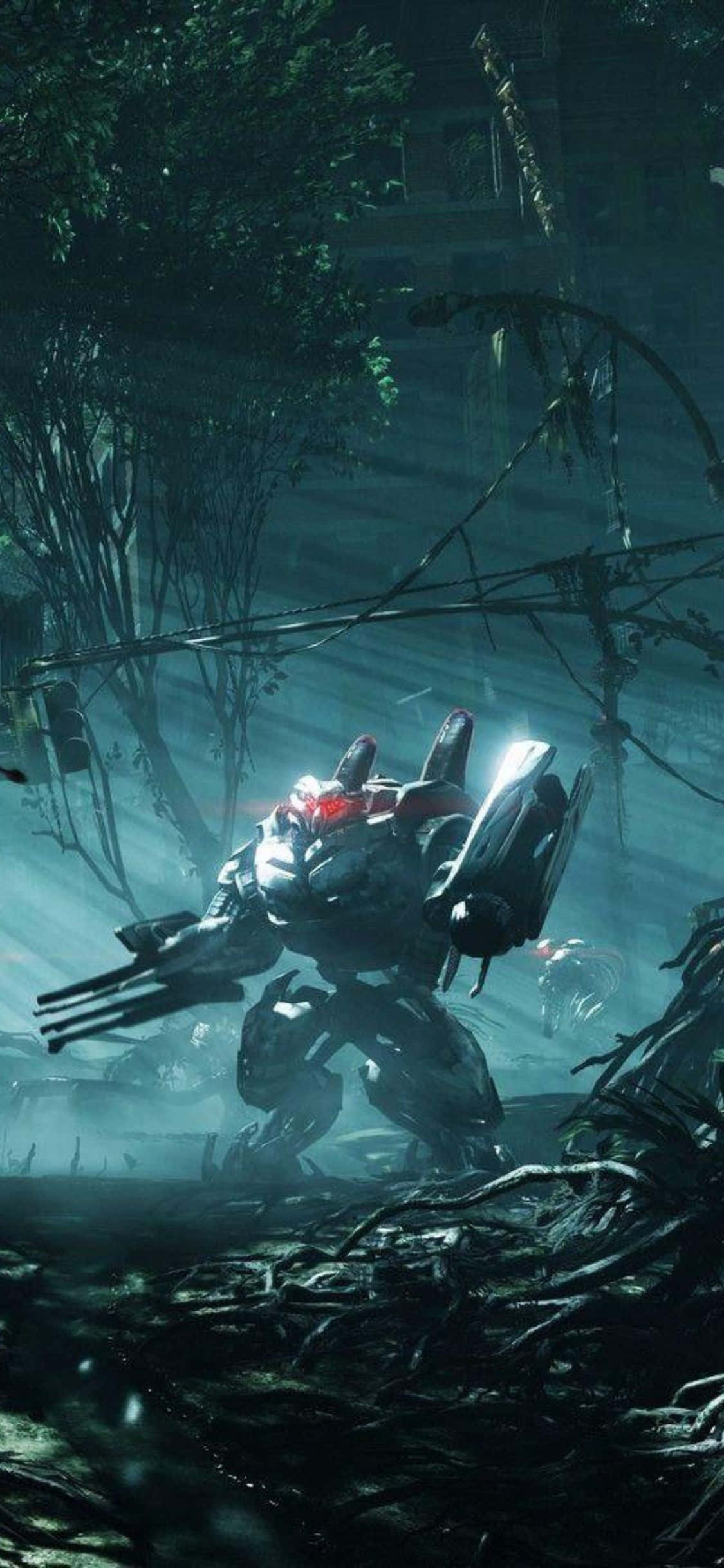 以 #iPhoneX 與 Crysis 3 無敵無阻 壁紙 — 一個高大的機械戰士，有著發光的紅色眼睛，站在夜晚霧氣瀰漫的森林中，周圍是雜草叢生的廢墟。
