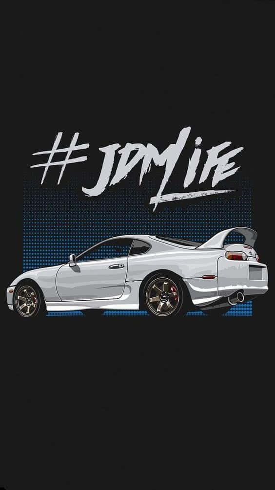 白色JDM跑車，升起尾翼，像素背景，帶有JDM LIFE文字。