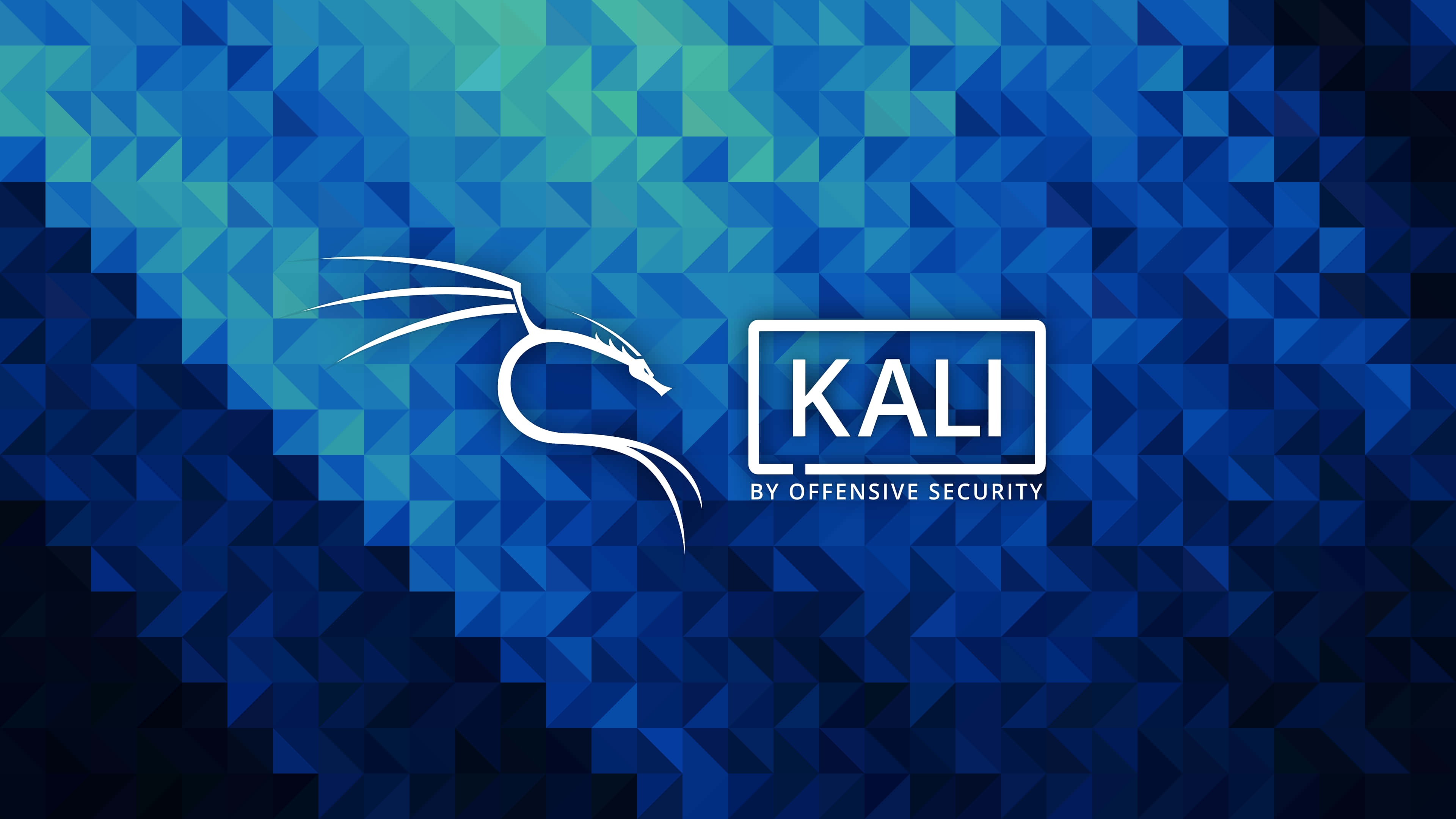 以 Kali Linux 安全您的網路 壁紙 — 一個風格化的白色龍標誌和Kali Linux文字漂浮在藍色幾何三角形馬賽克背景上。