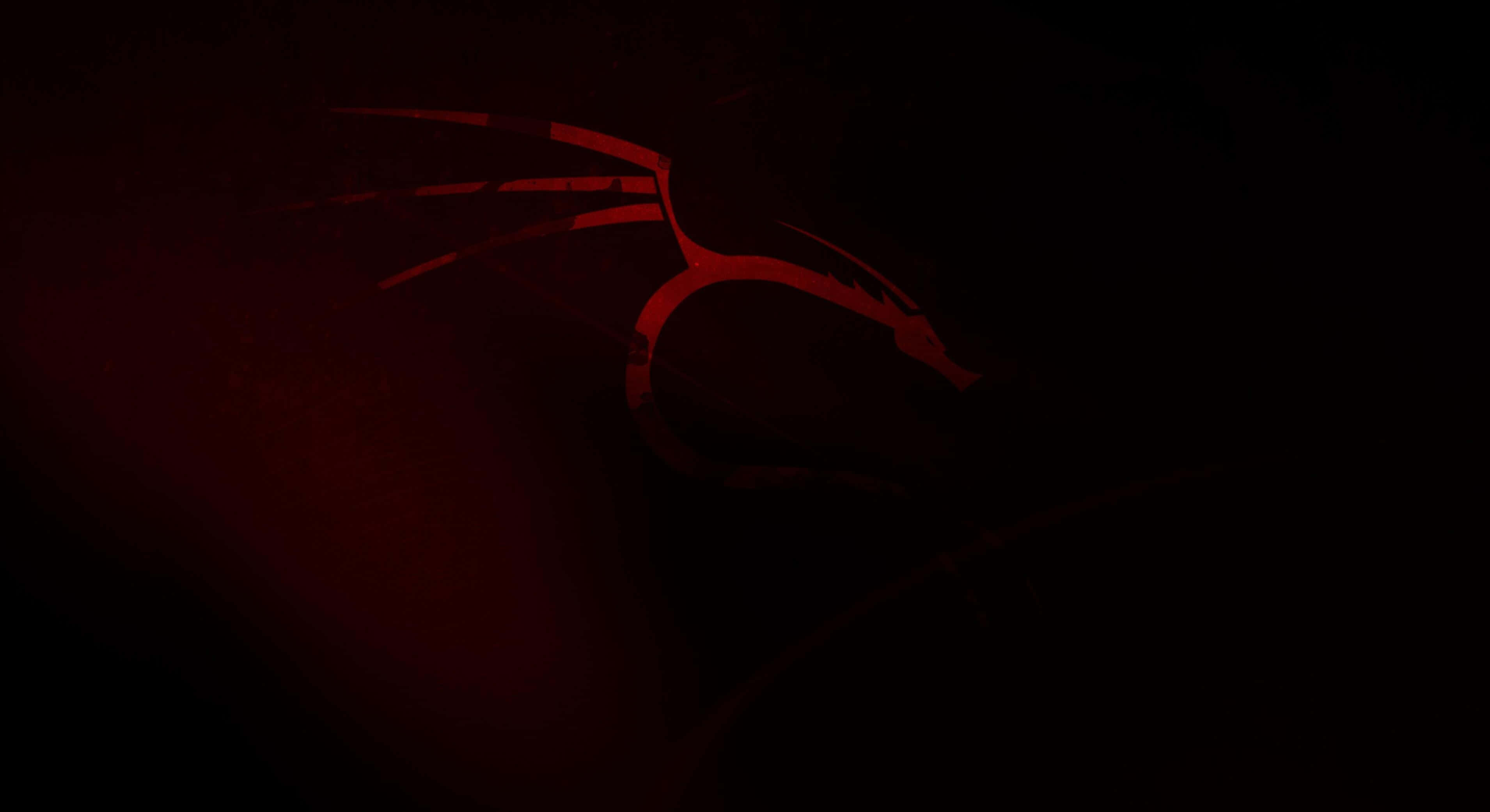 以 Kali Linux，安全近在咫尺 壁紙 — 發光的紅色龍剪影從黑暗中浮現，以極簡數位藝術風格呈現。