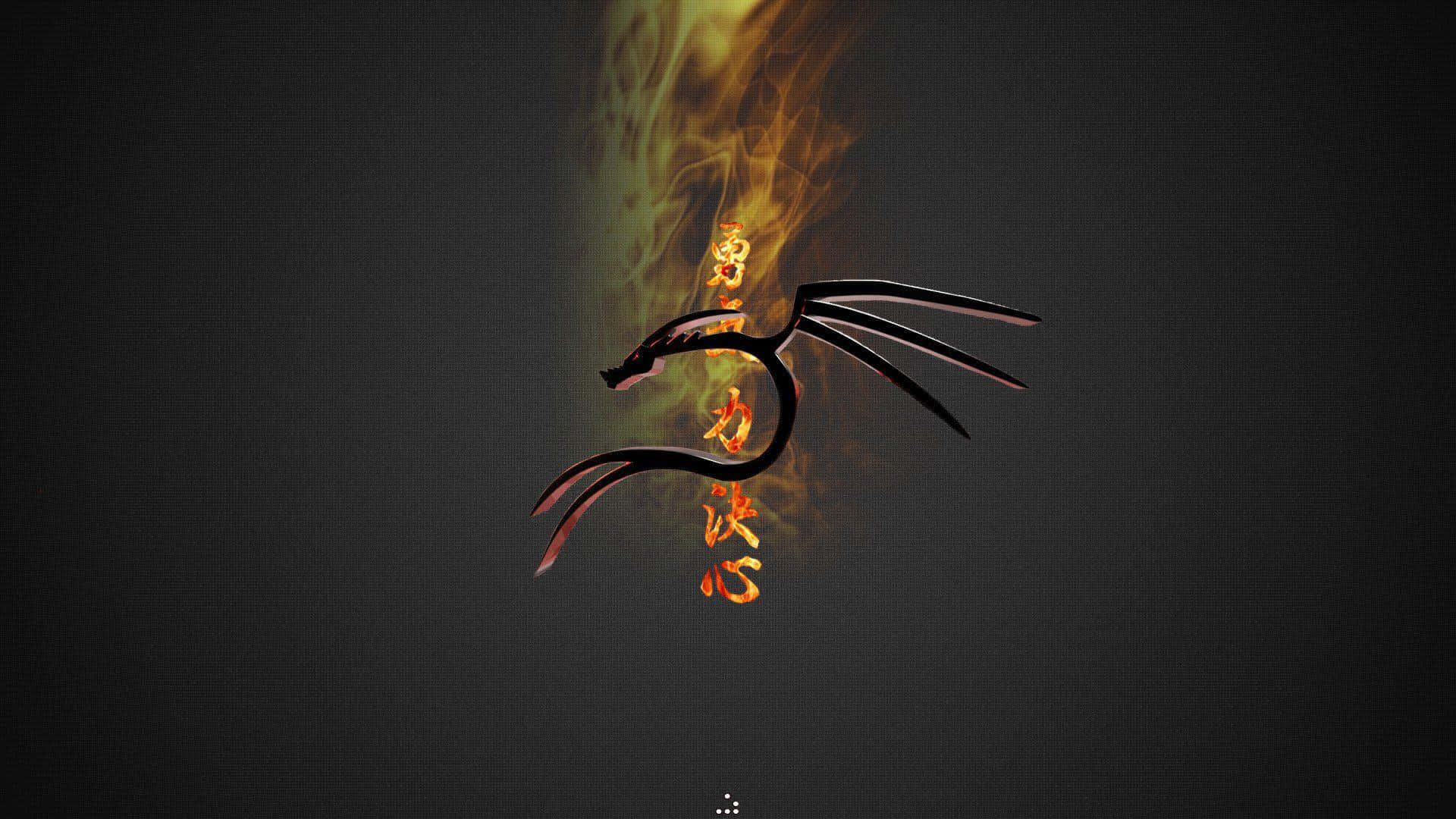 以 Kali Linux 的力量自訂您的裝置 壁紙 — 一個風格化的黑色龍剪影從熾熱的橙色火焰中浮現，背景為深灰色，帶有發光的日文字元。